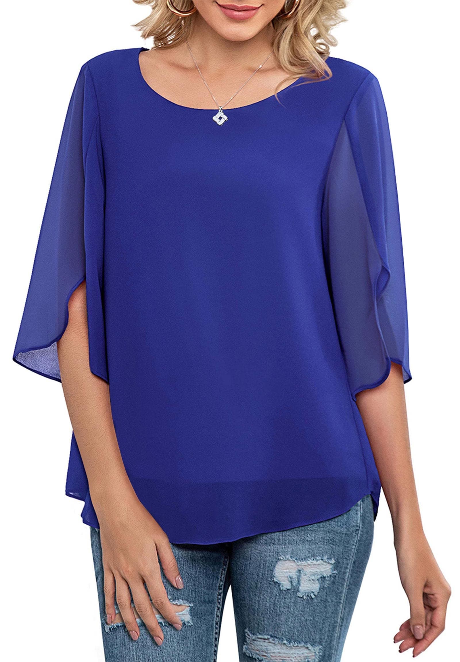 Neineiwu Womens Casual Scoop Neck Loose Top 3/4 Sleeve Chiffon Blouse Shirt Tops