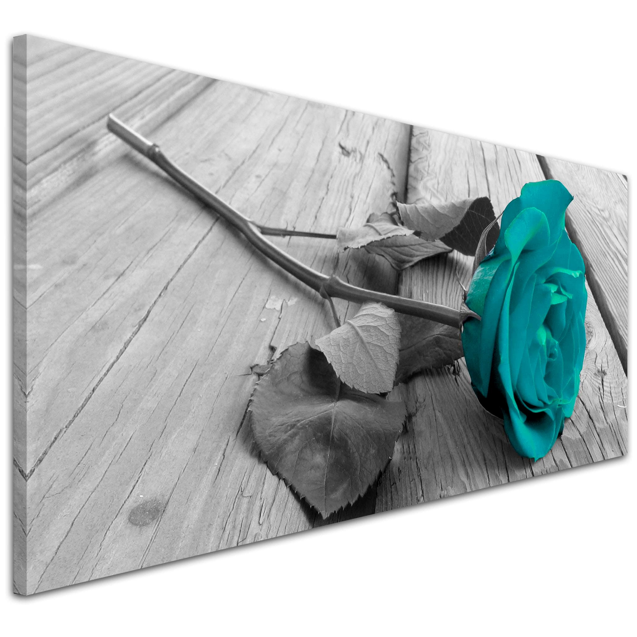 Wallfillers Modern Black and White Canvas Wall Art of a Teal Rose Flower - Floral Canvas Pictures - 1037-118x49cm