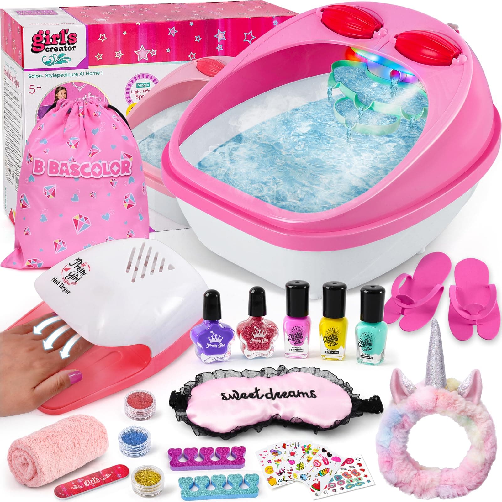 Kids Foot Spa & Nail Kit Set, Kids Spa Day Kit for Girls, Massage Foot Soak Tub and Nail Dryer, Toys Manicure Pedicure Art Salon Girl Gift for 5 6 7 8-12, Christmas Birthday Gifts