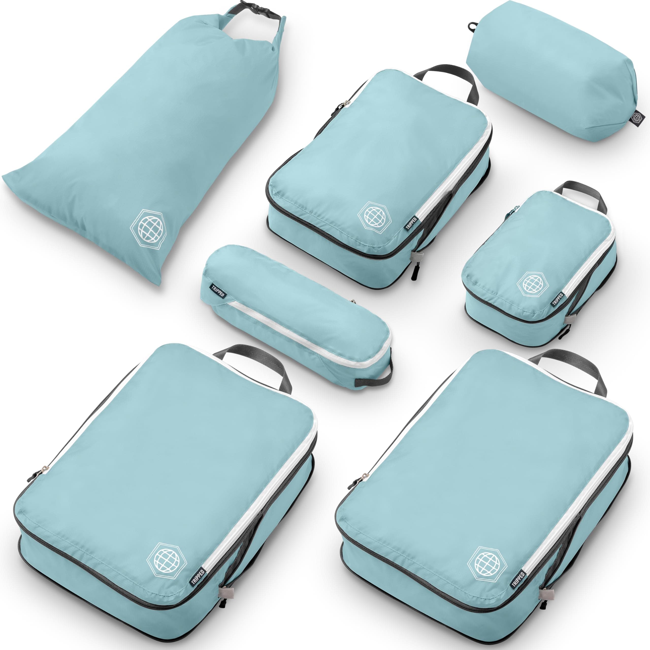 Large Packing Cubes for Travel-Extra Large Compression Packing Cube Luggage Organizers 7 Piece Set-Ultralight, Expandable/Compression Bags for Clothes by TRIPPED Travel Gear (DustyTeal/White)