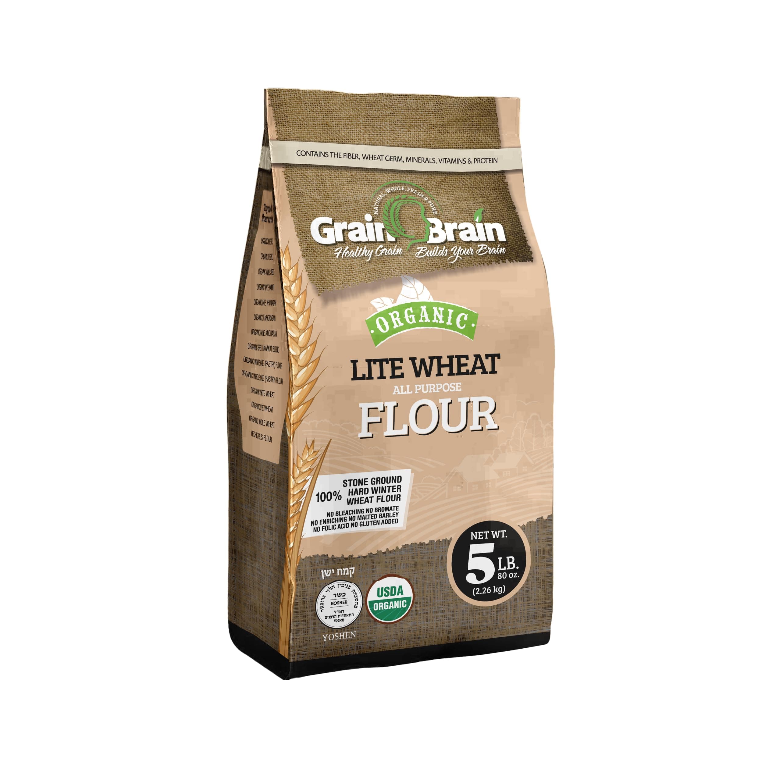 Grain Brain Organic Lite Wheat Flour 5lb Sifted Whole Wheat With Parts of Bran Removed To Create Lighter And Finer Texture
