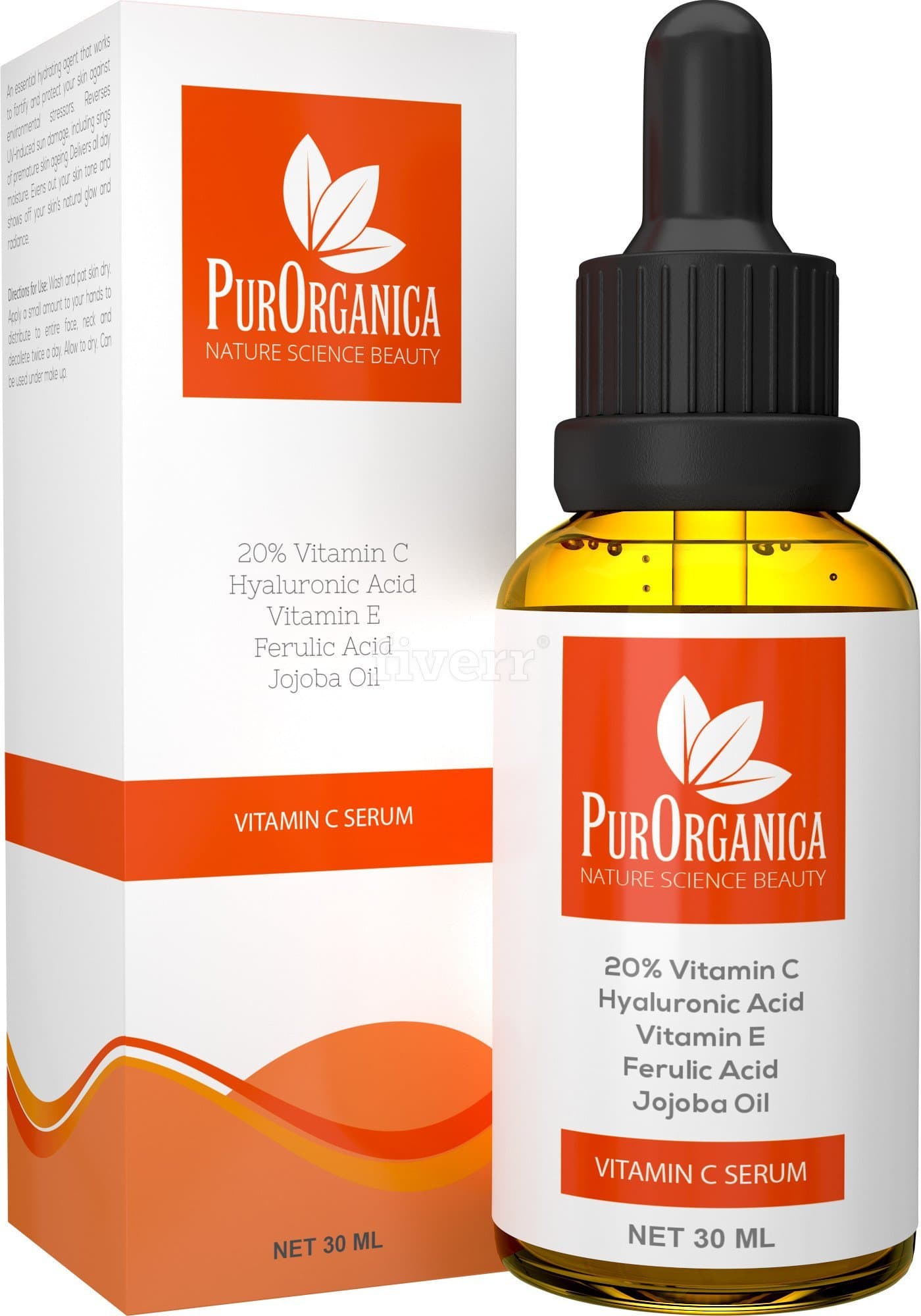 PurOrganica Vitamin C Serum for Face - Premium 20% Vitamin C with Hyaluronic Acid - Top Anti Wrinkle, Anti Ageing Face, Eye and Neck Organic Serum - Professional Grade 30ML Bottle - Works or Your Money Back Guarantee