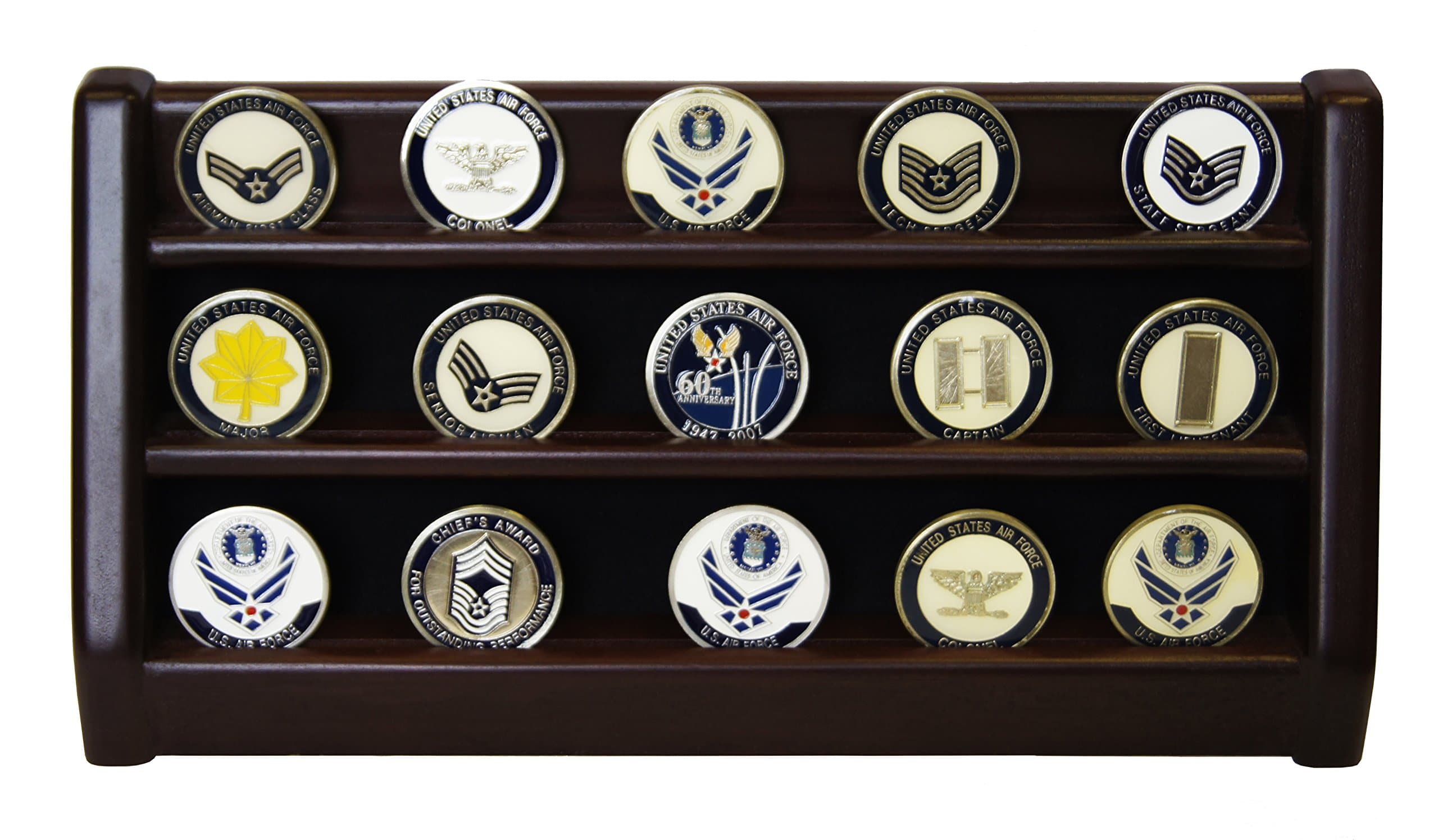 DECOMIL - Challenge Coin Display Holder, 3 Rows Coin Holder, Poker Chip Display Case, Solid Wood - Cherry Finish