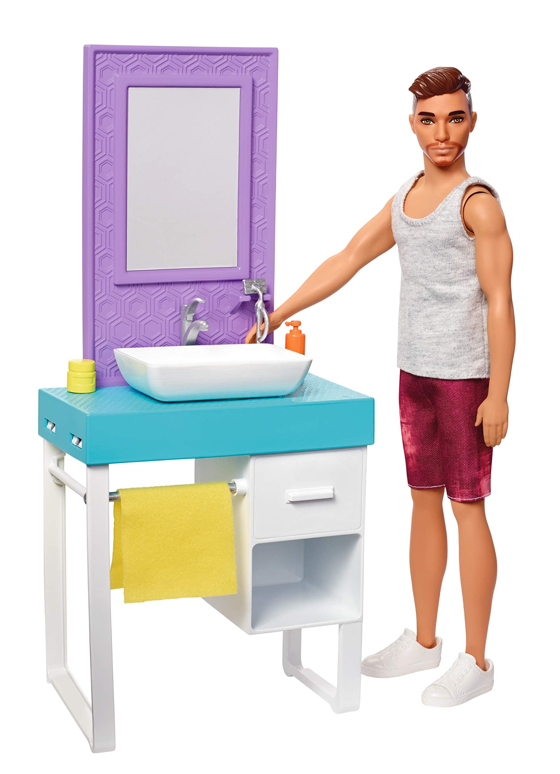 Barbie FYK53 Bathroom-Themed Playset, with Shaving Ken Doll and Sink/Vanity, Multicolored