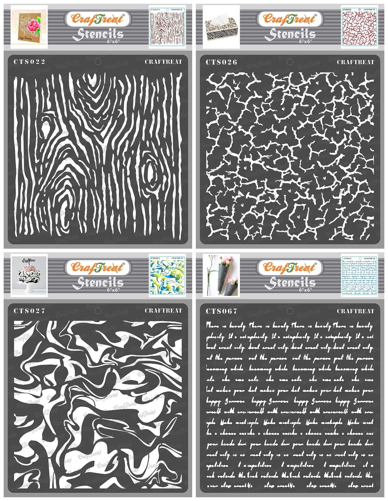 CrafTreat Reusable Pattern Stencils for Painting on Wood, Canvas, Paper, Fabric, Floor, Wall and Tile - Woodgrain, Crackle, Marble and Script - 4 Pcs - 6x6 Inches Each - DIY Art and Craft Stencils