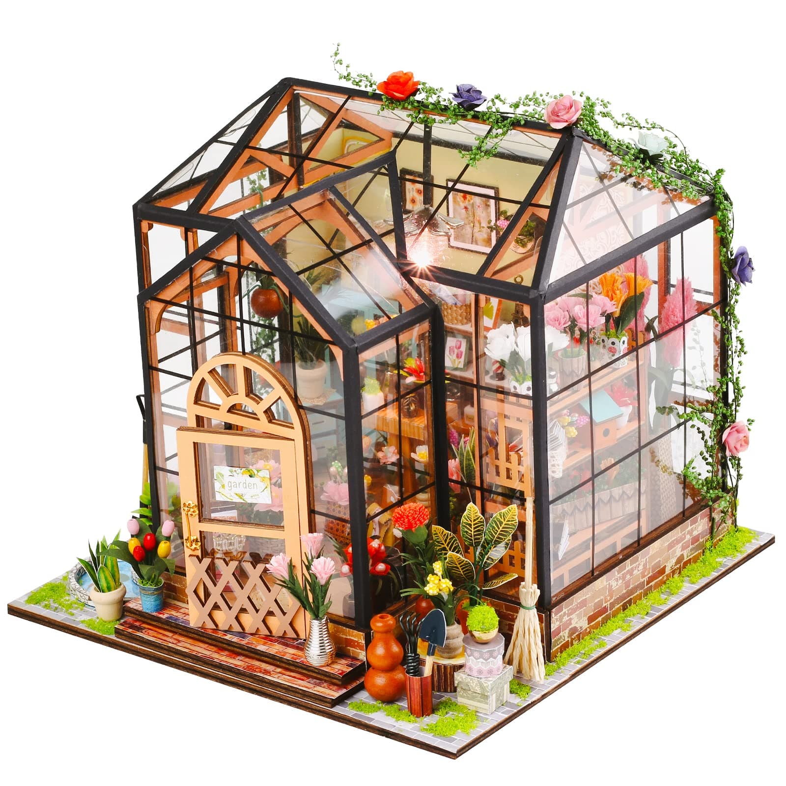 DIY Miniature Dollhouse Kit,Scale Wooden DIY Craft House Kits for Adults Miniature Green House with Tiny Furniture and LED,3D House Puzzle Model Building Flower Room Kits,Birthday Gift for Friends