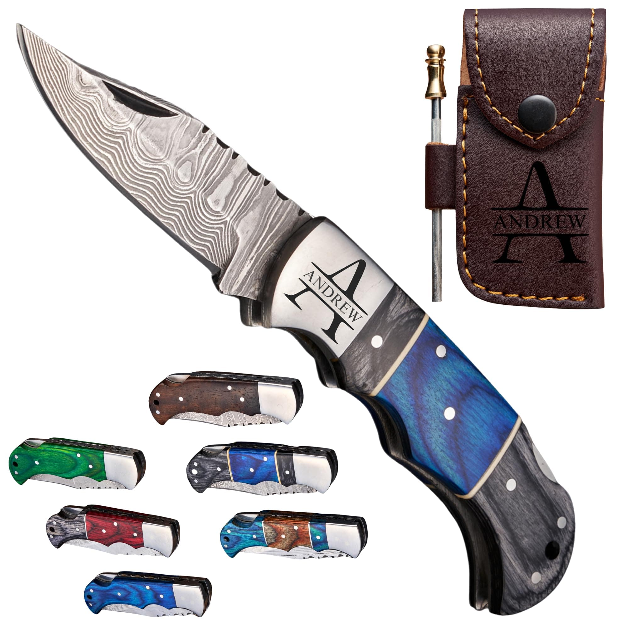 Personalized Handmade Damascus Pocket Knife - Folding Knives for Men with Wood Handle, Wedding, Anniversary, Boyfriend, Dad, Husband, Father, Groomsmen, Best Man Gift, Grandpa, Retirement Gift for Him