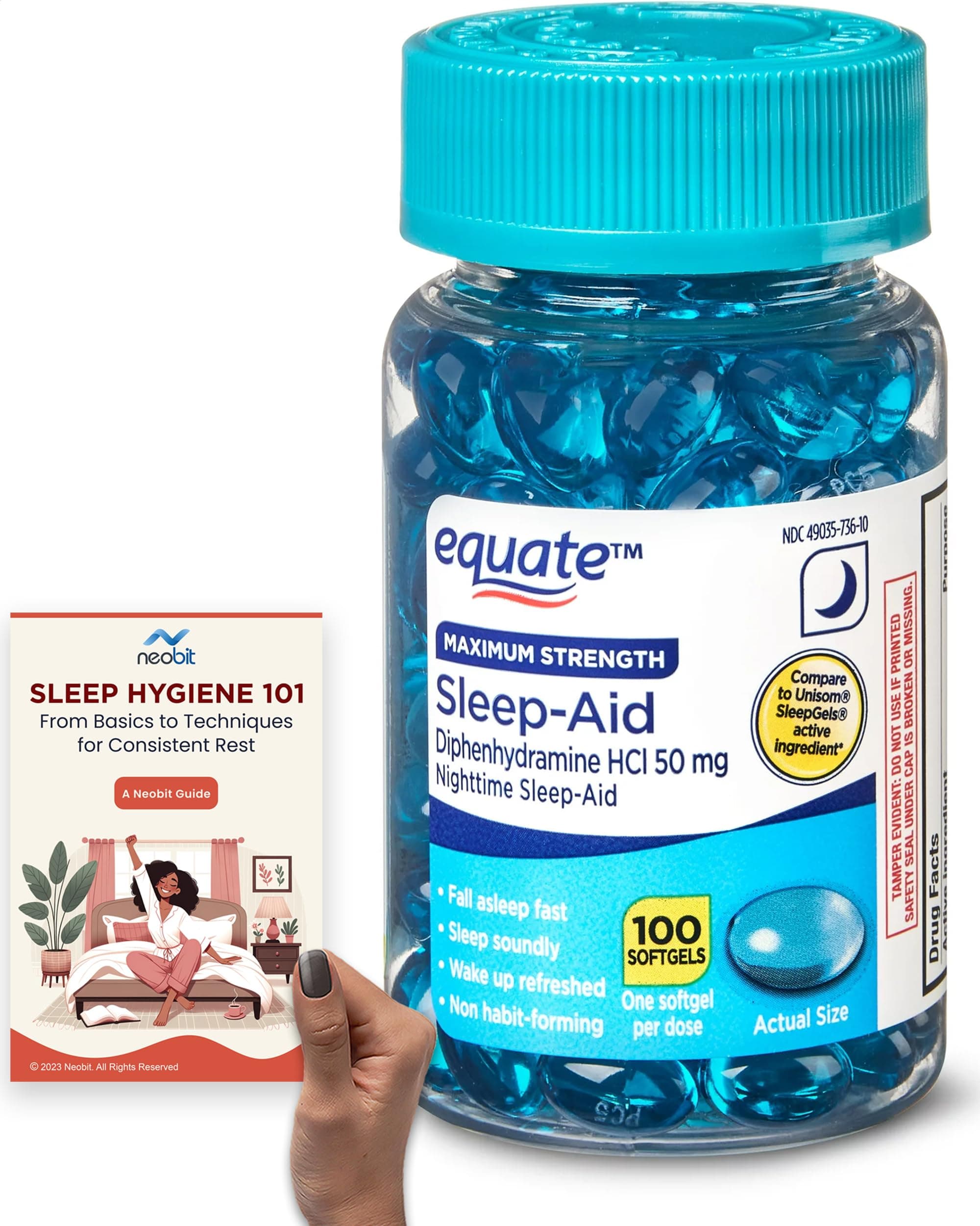 Equate Maximum Strength Diphenhydramine HCl Sleep-Aid Softgels, 50 mg, 100 Count, Non-Habit Forming, for Occasional Sleeplessness Support - Bundle with 'Sleep Hygiene 101' Guide (2 Items)
