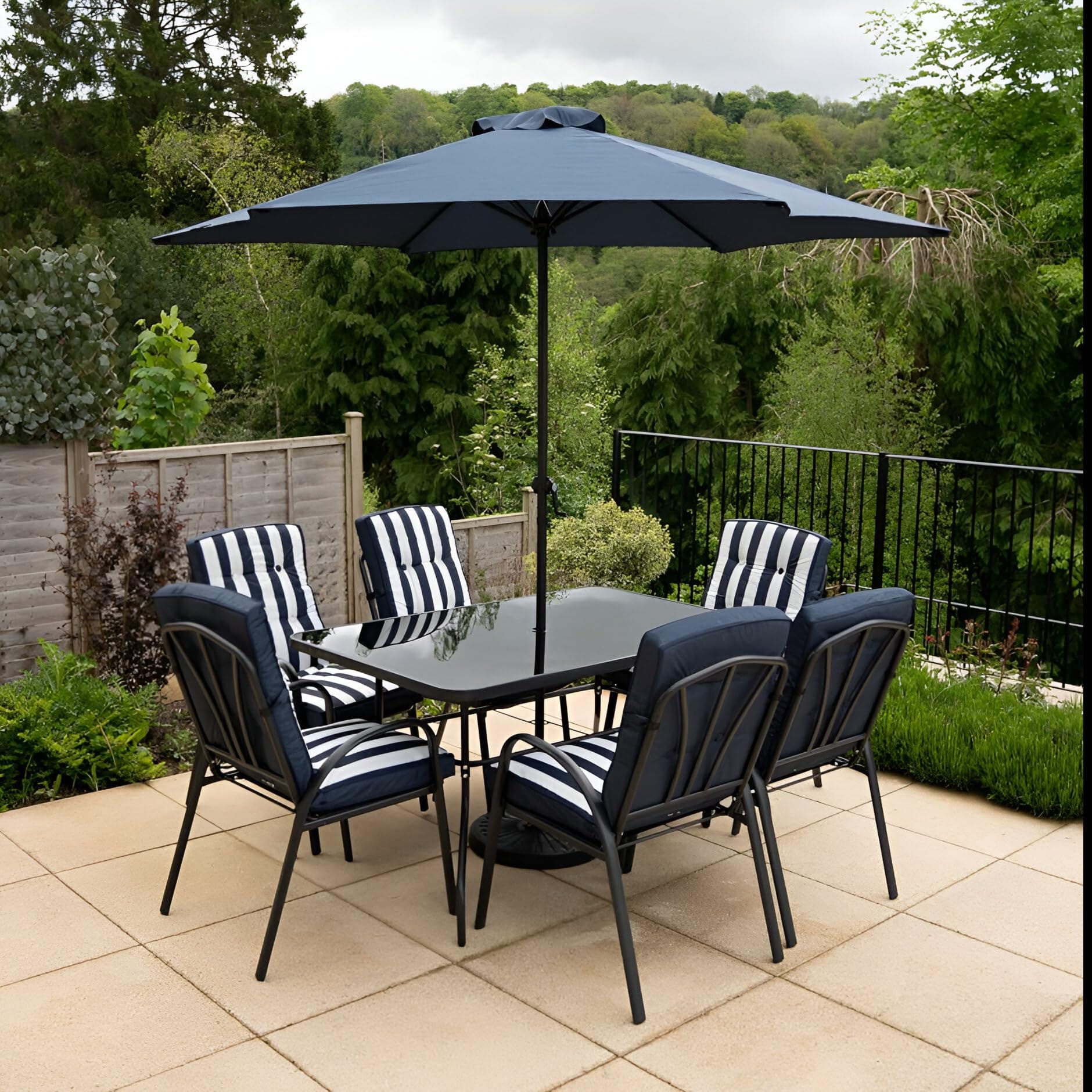 Hectare 6 Seater Metal Garden Furniture Outdoor Dining Set with Table and Parasol in Navy and White Stripe