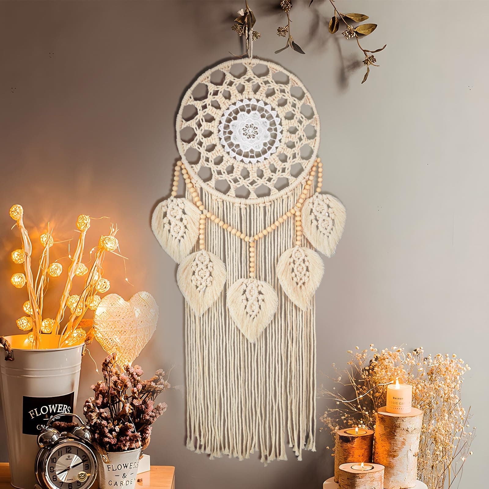 Nice Dream Macrame Dream Catcher Large Dream Catchers for Bedroom Boho Wall Hanging Decor with 5 Woven Leaves Wood Beads Tassels Home Decoration Ornament