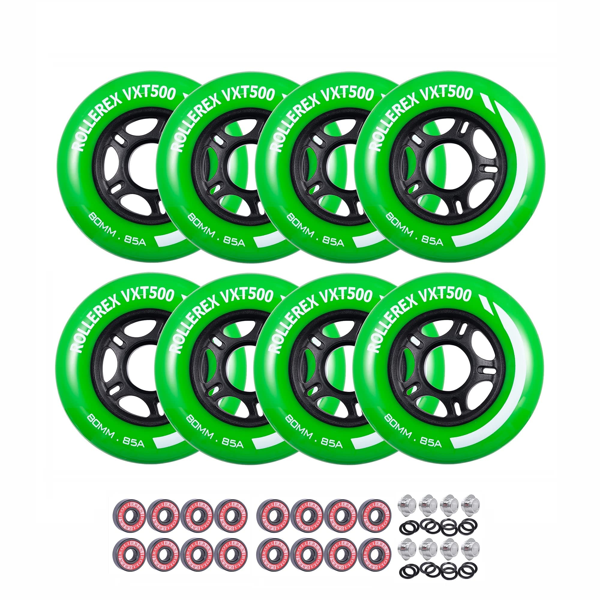 VXT500 Inline Skate Wheels – 8-Pack with Bearings, Spacers and Washers - Durable Replacement Roller Blade Wheels for Indoor & Outdoor Skating