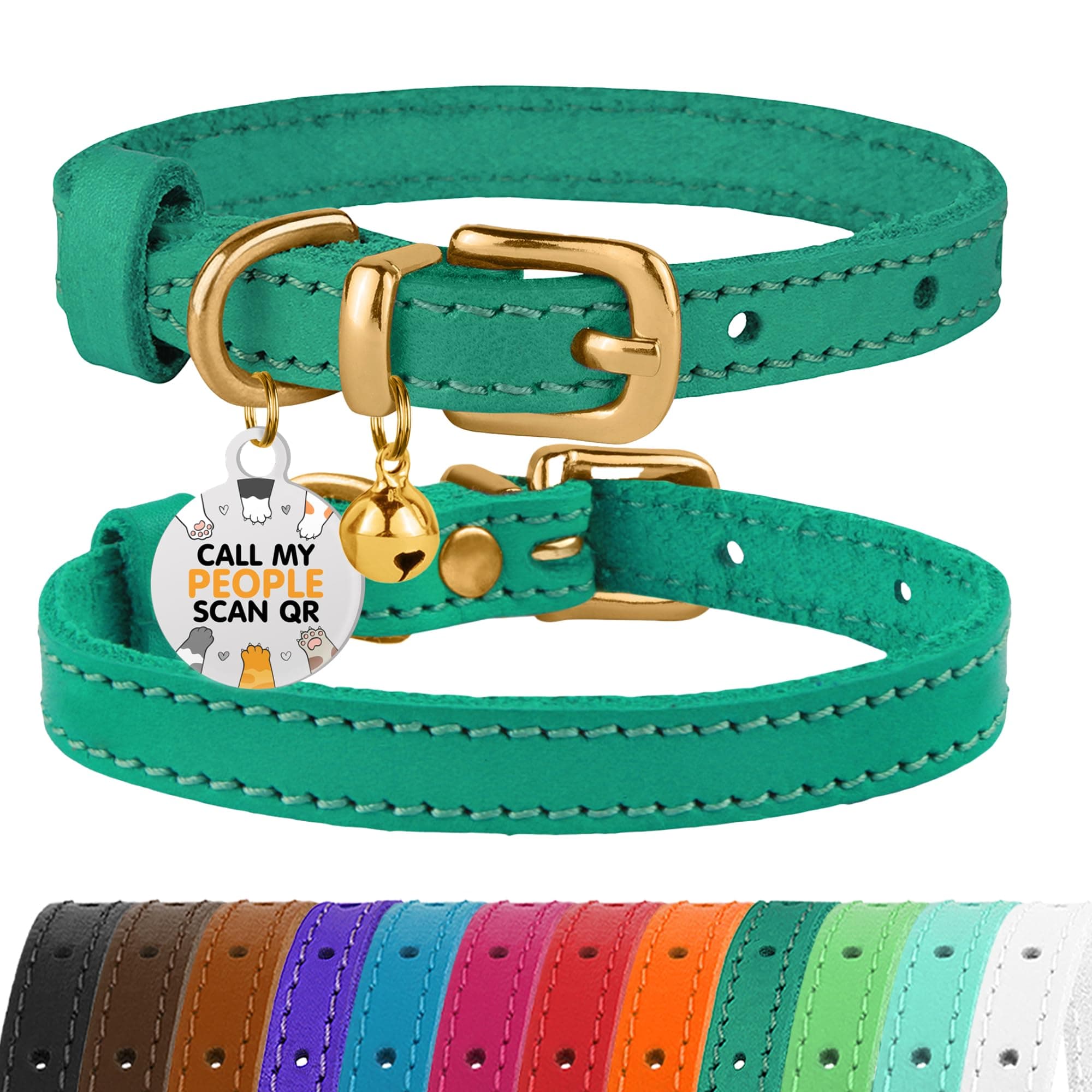 BRONZEDOG Leather Cat Collar with Removable Bells Non Breakaway Kitten QR Tag for Girl Boy (7" - 9" for Cats, Green & Gold)