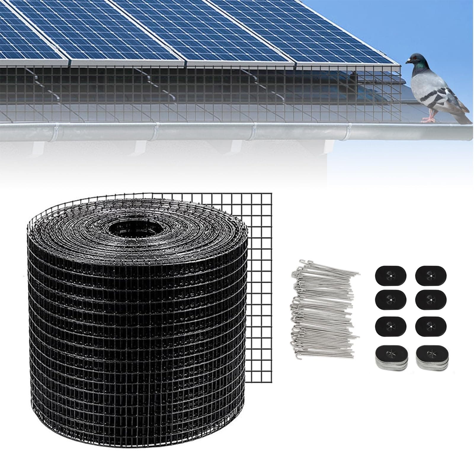 JINPRDAMZ Solar Proofing Bird Mesh, Solar Panel Bird Guard, Black PVC Coated Wire Mesh, 70 Fixing Clip Kit Bird proofing for Protection of Solar Panels, 20.5 x 305cm