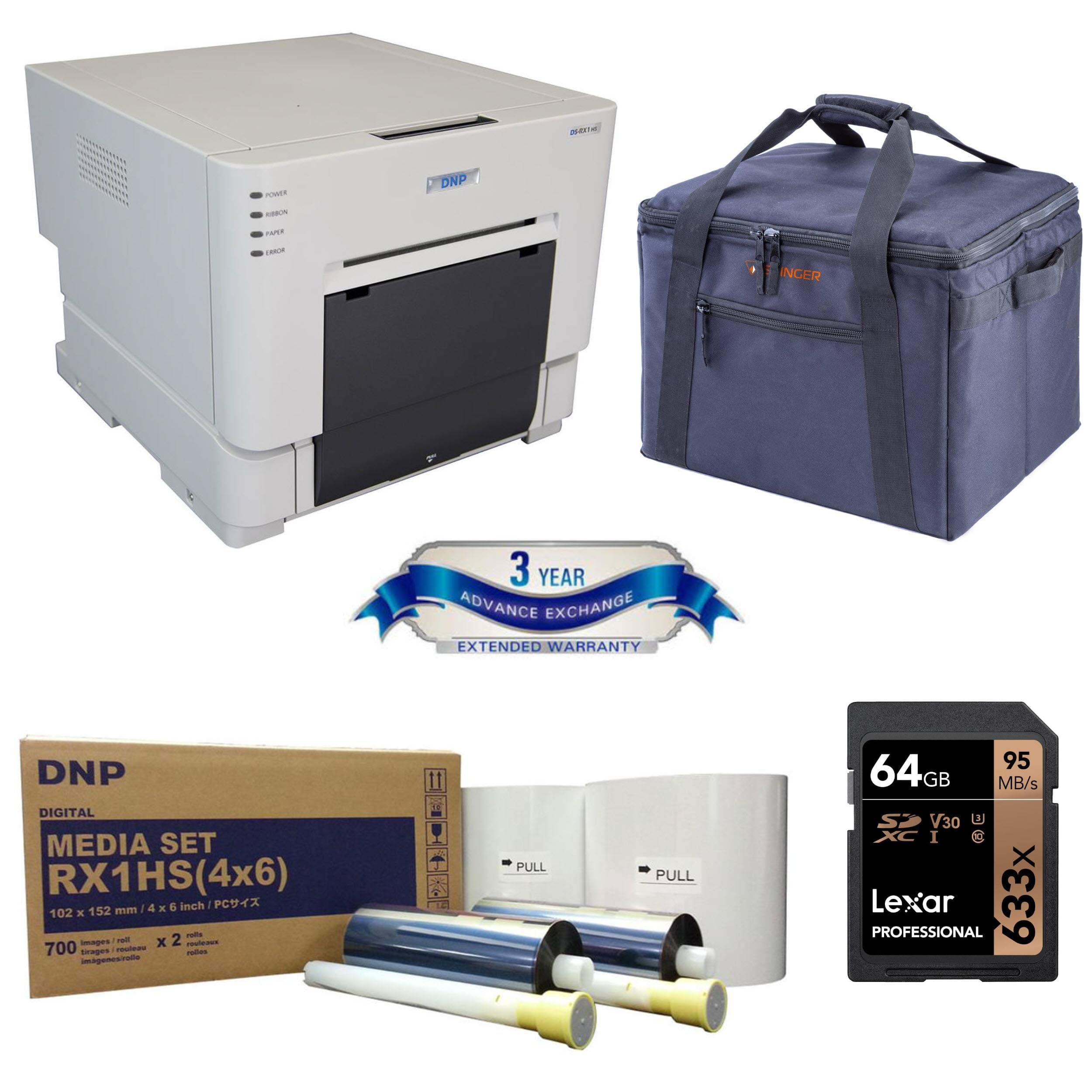 DNP DS-RX1HS Compact Event Photo Booth Portrait Dye-Sublimation Printer Bundle with DNP Print Media 4x6-inch, 2 Rolls + Slinger Padded Printer Carrying Case + 64GB SD Card + 3 Year Extended Warranty