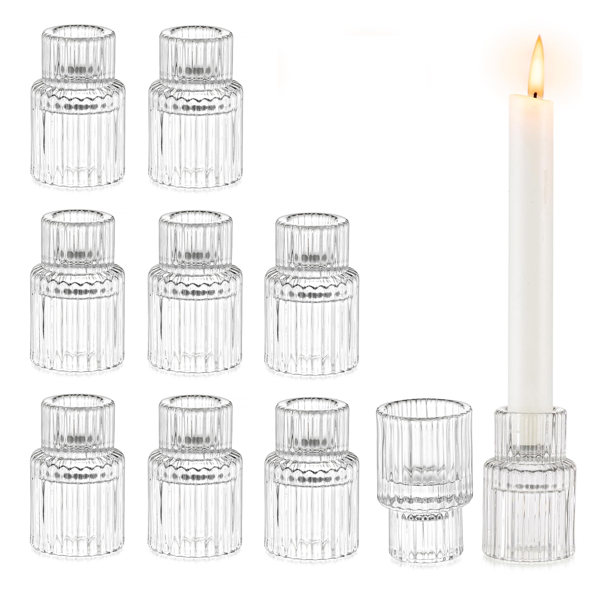 Glasseam Small Candle Stick Holder: Crystal Clear Glass Candle Holder Set of 10, Modern Taper Candle Holders for Table Centerpiece, Ribbed Tapered Candlestick Holders for Dining Room Decoration