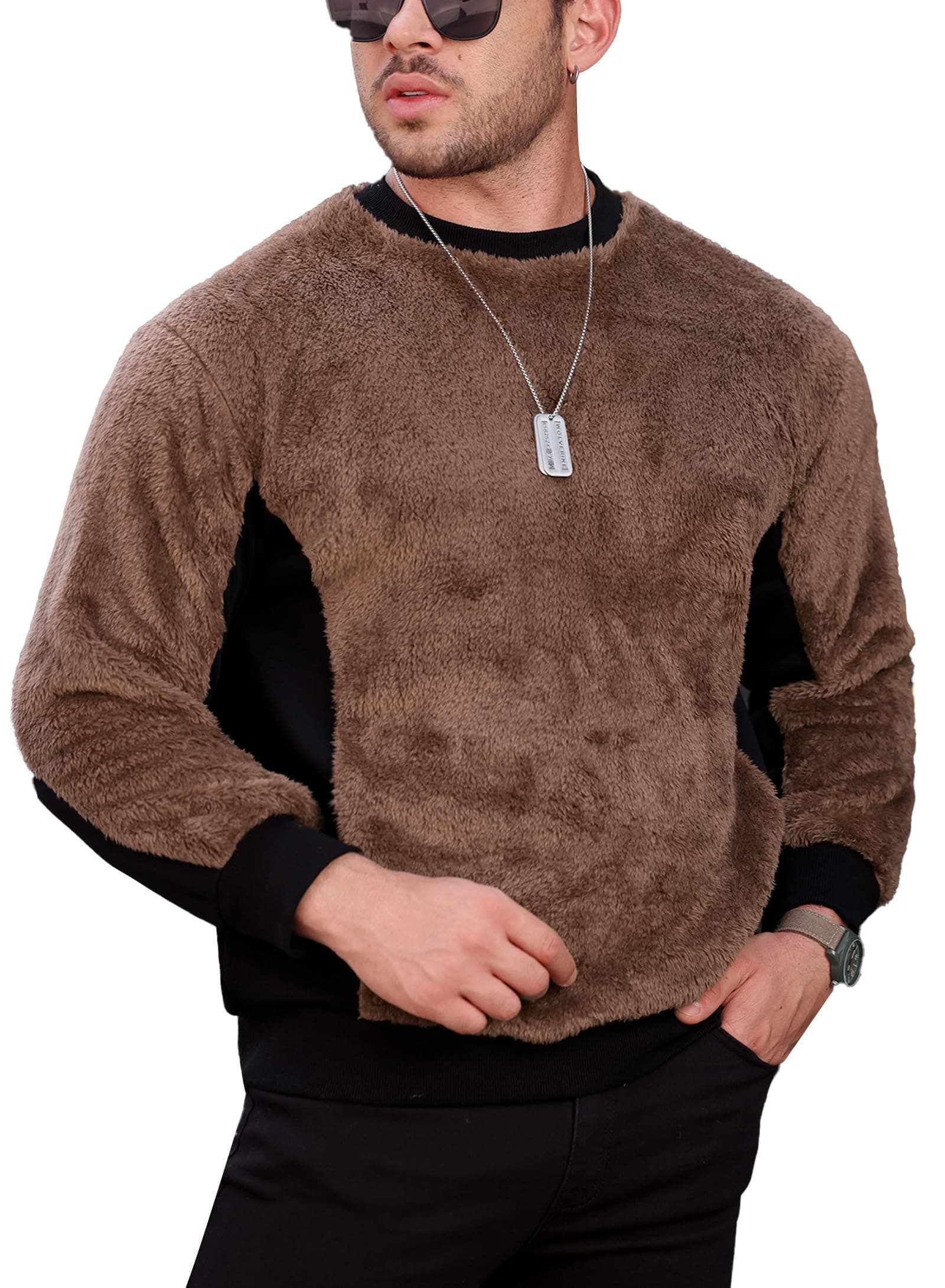 Mainfini Men's Fuzzy Sherpa Sweatshirt Crew Neck Fluffy Fleece Pullovers (S-XXL)