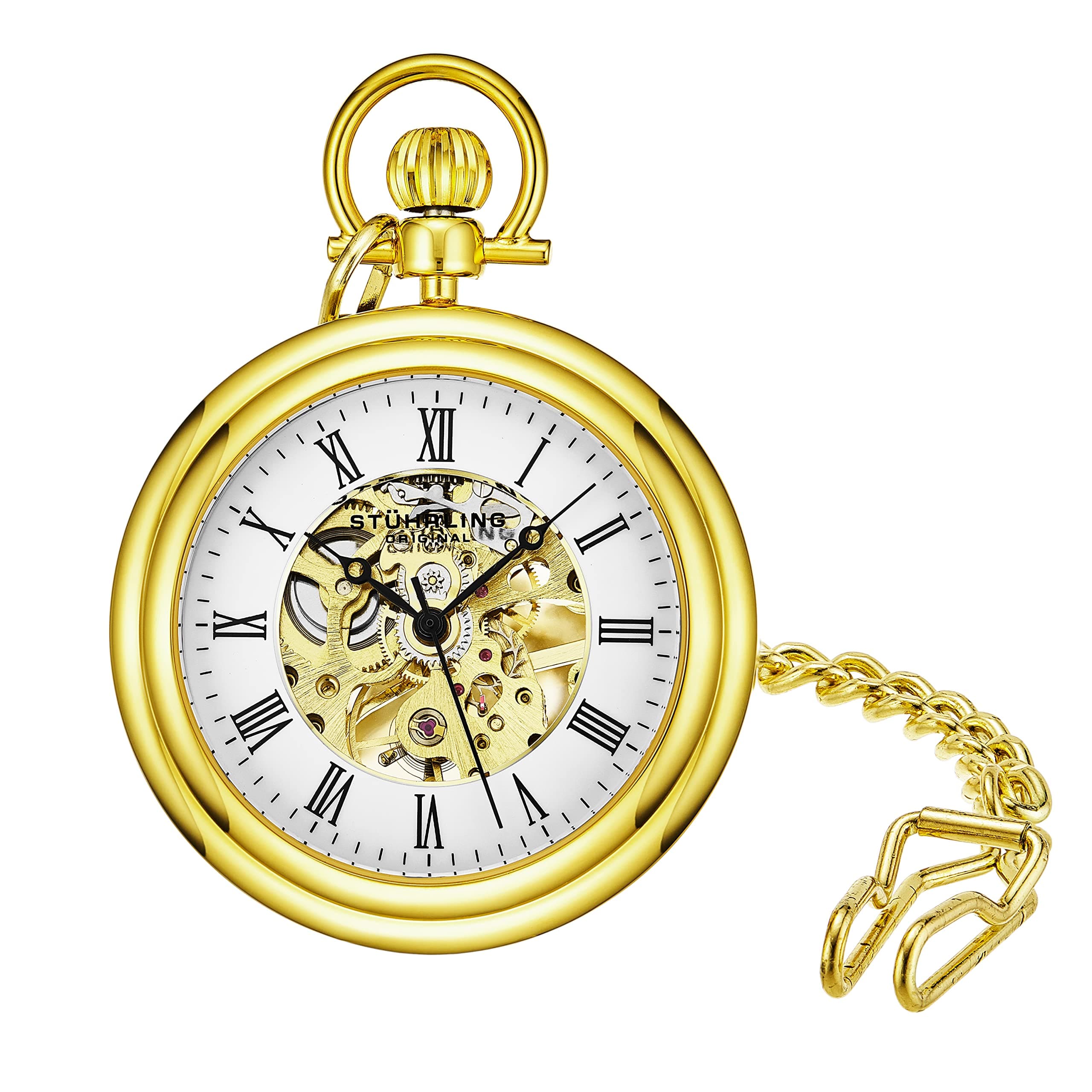 Men's Pocket Watch Stainless Steel Analog Skeleton Watch Hand Wind Mechanical Movement Stainless Steel Chain