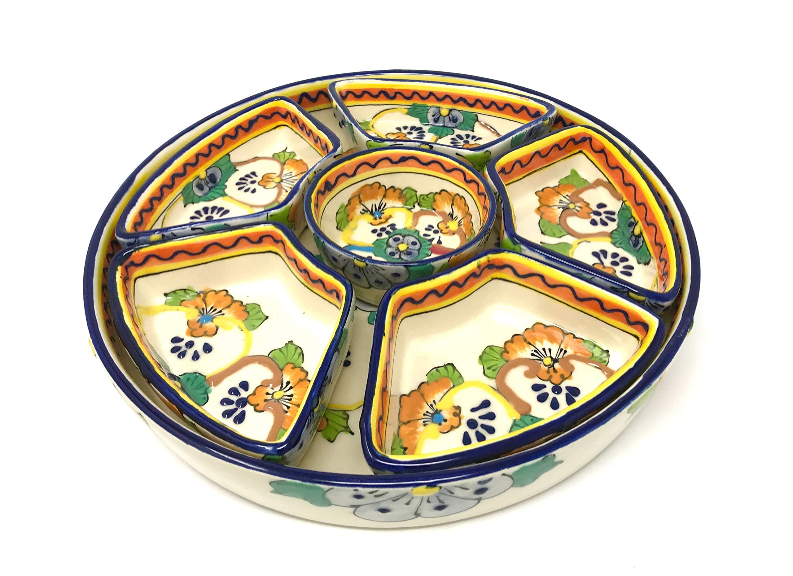 12 inch Mexican Talavera Ceramic Taco Platter with Six Nesting Salsa Bowls