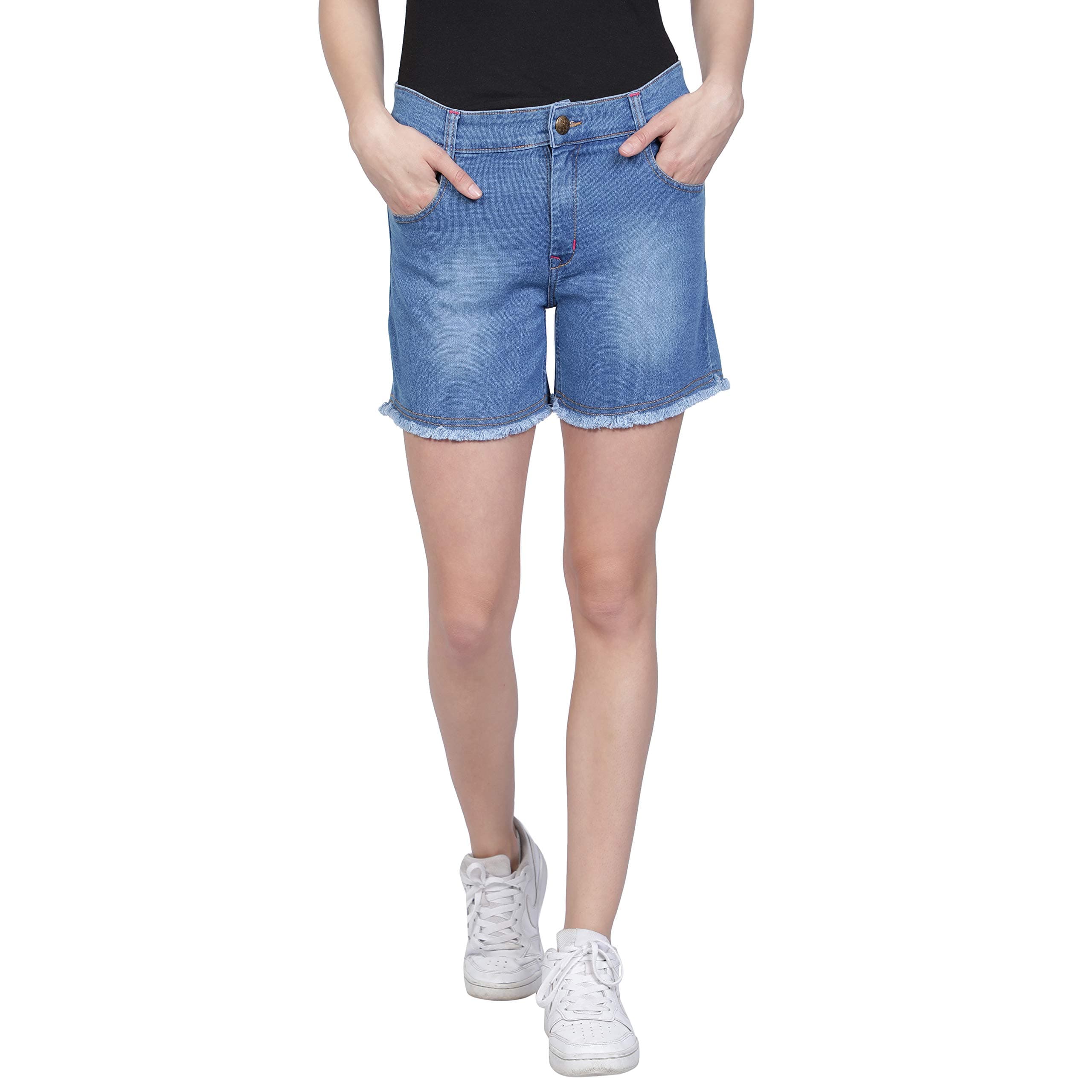Women's Relaxed Fit Low Rise Mid Waist Stylish Blue Denim Jean Shorts Casual Stretchy Frayed Raw Hem with Pockets