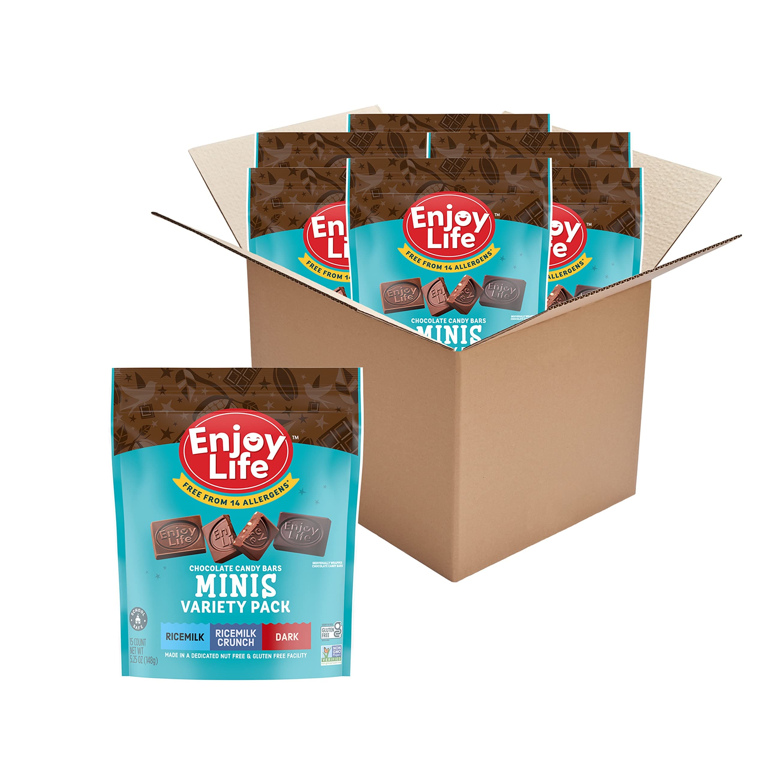 Enjoy Life Minis Chocolate Candy Bar Variety Pack, Soy Free, Nut Free, Gluten Free, Dairy Free, Non GMO, 5.25oz Resealable Bags (Pack of 6), Perfect Lunchbox Treat, On-The-Go Vegan Snack