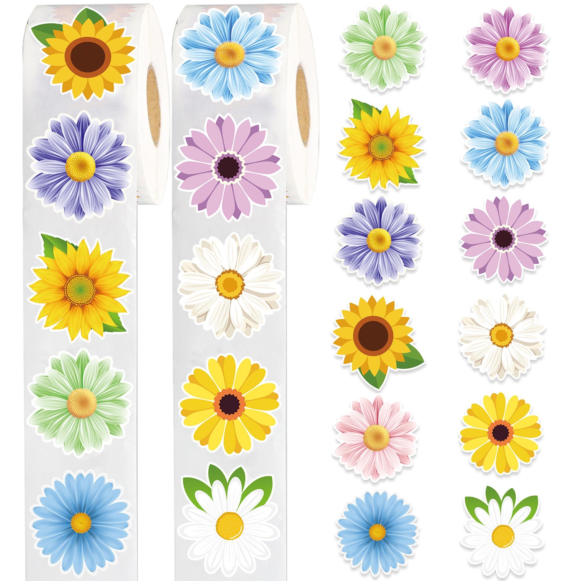 1200 PCS Flower Sticker Roll Spring Daisy Sunflower Sticker Decals Colorful Watercolor Flower Label Stickers for Scrapbooks Water Bottle Cards Envelopes and Spring Party Supply Decoration, 2 Rolls