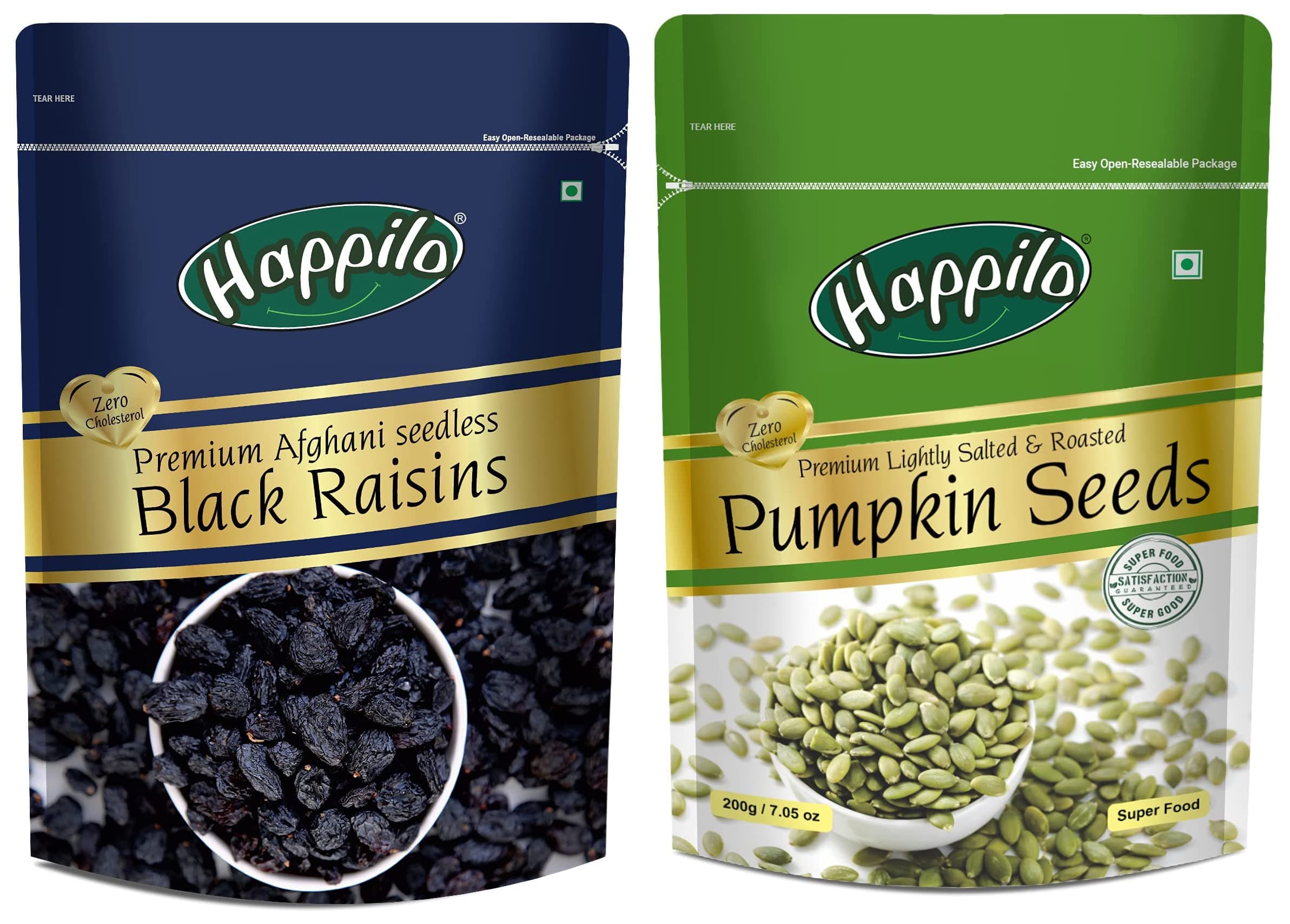 Happilo Premium Afghani Seedless Black Raisins, 250 Gram & Premium Roasted Pumpkin Seeds For Eating 200 Gram, Lightly Salted For Healthy Diet, Immunity Booster And Fiber Rich Superfood, Fresh