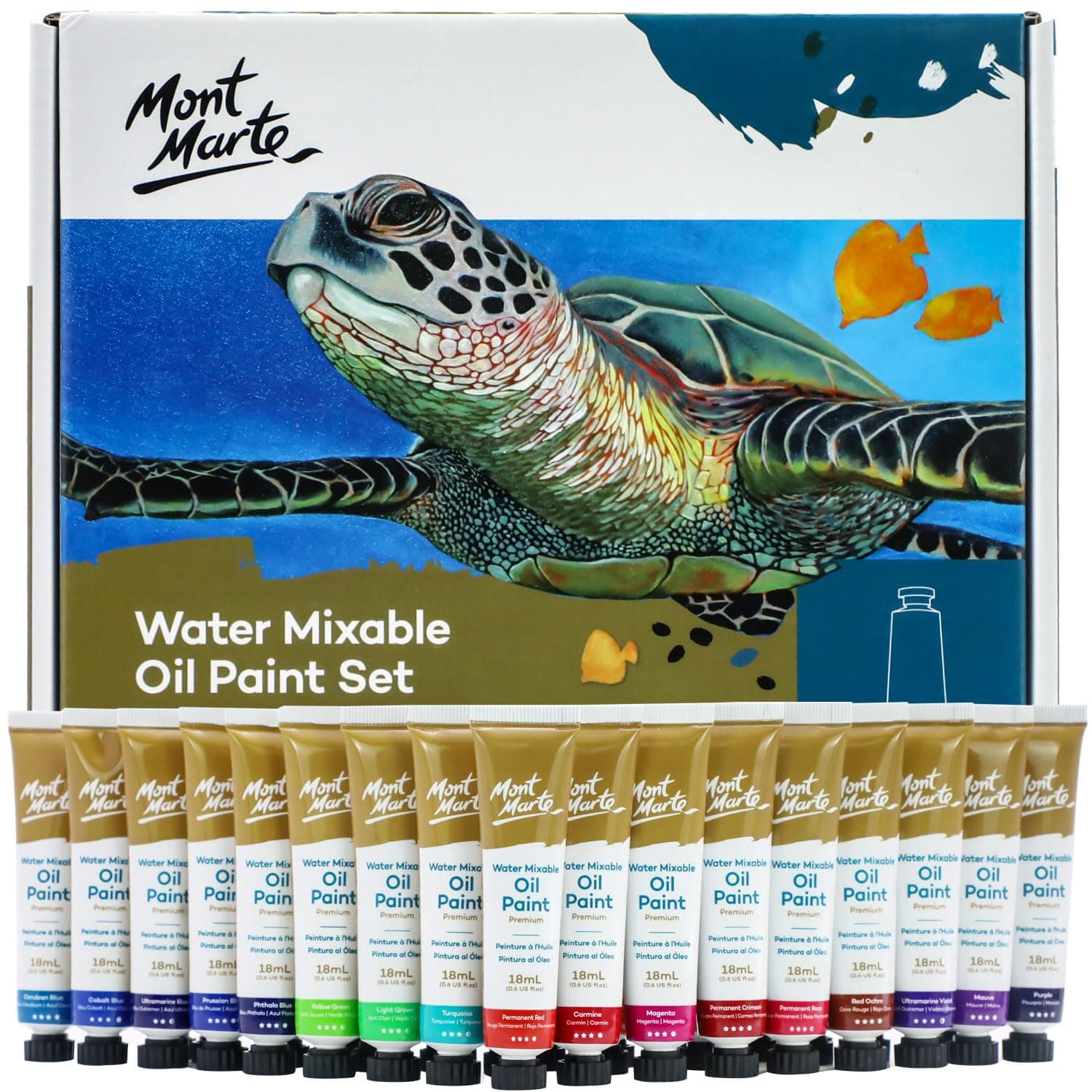 Mont Marte MPOW3618 Water-Soluble Oil Paint, Diluted with Water, 1.2 x 0.6 fl oz (36 Colors x 18 ml), Water Mixable OIL Paint Set, Satin Finish