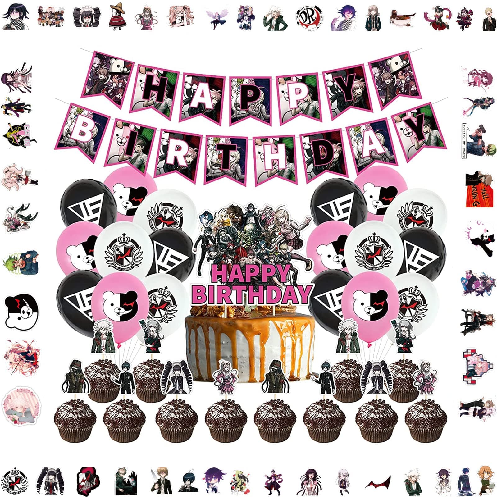 Danganronpa Birthday Party Supplies,Including Banners,Cake Toppers,Big Cake Toppers,Balloons,Stickers.Danganronpa Birthday Decorations for Kids