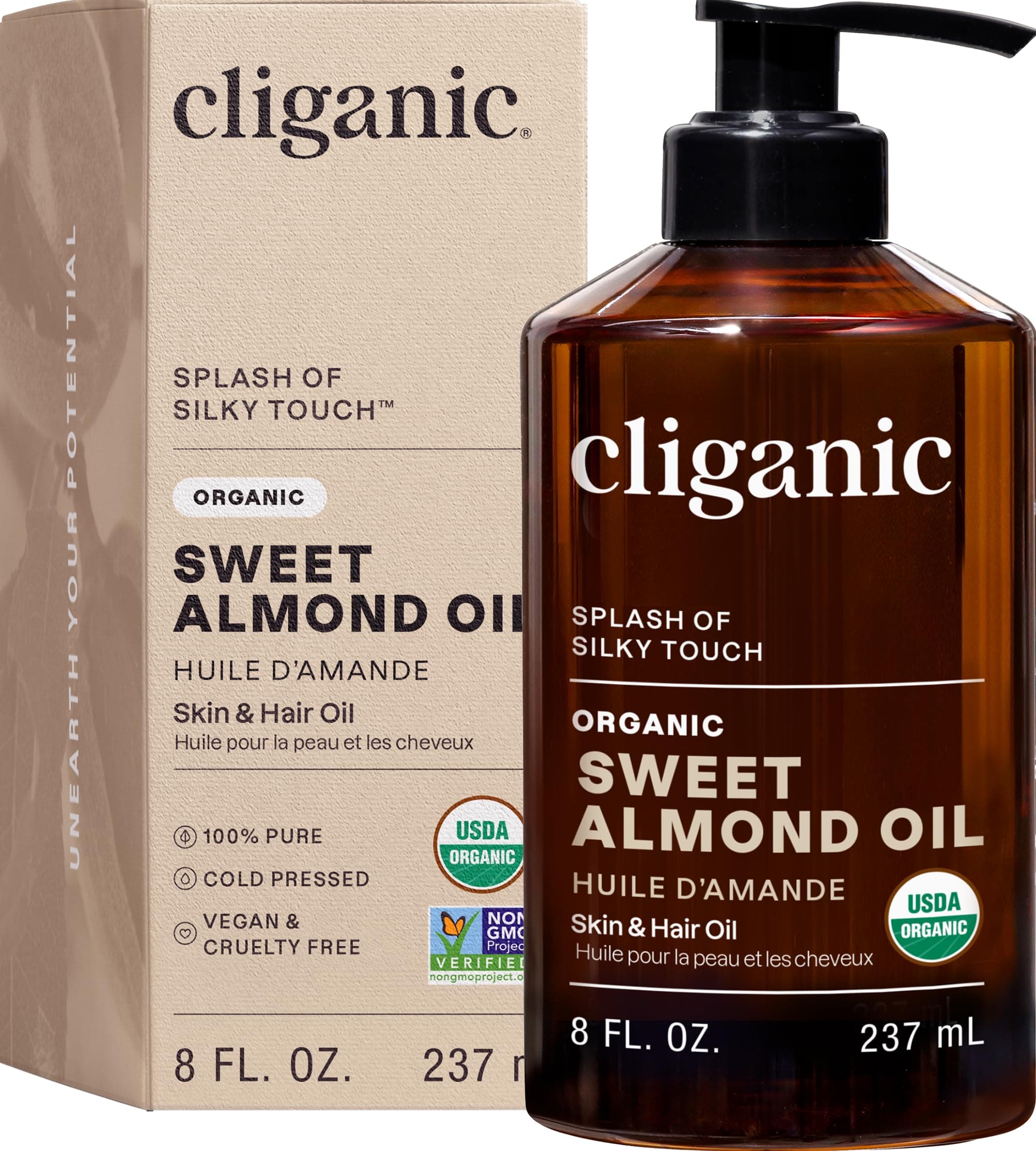Cliganic Organic Sweet Almond Oil, 100% Pure (8oz) - for Skin & Hair, Nourishing Carrier Oil for Face & Body