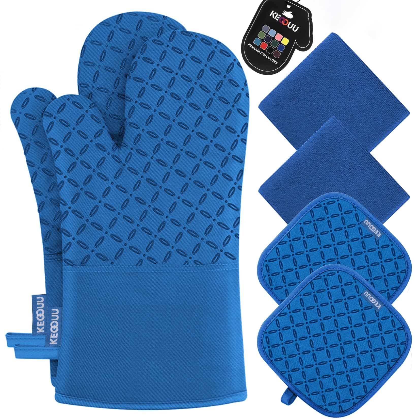 Oven Mitts and Pot Holders 6pcs Set, Kitchen Oven Glove High Heat Resistant 500 Degree Extra Long Oven Mitts and Potholder with Non-Slip Silicone Surface for Cooking (Royal Blue)