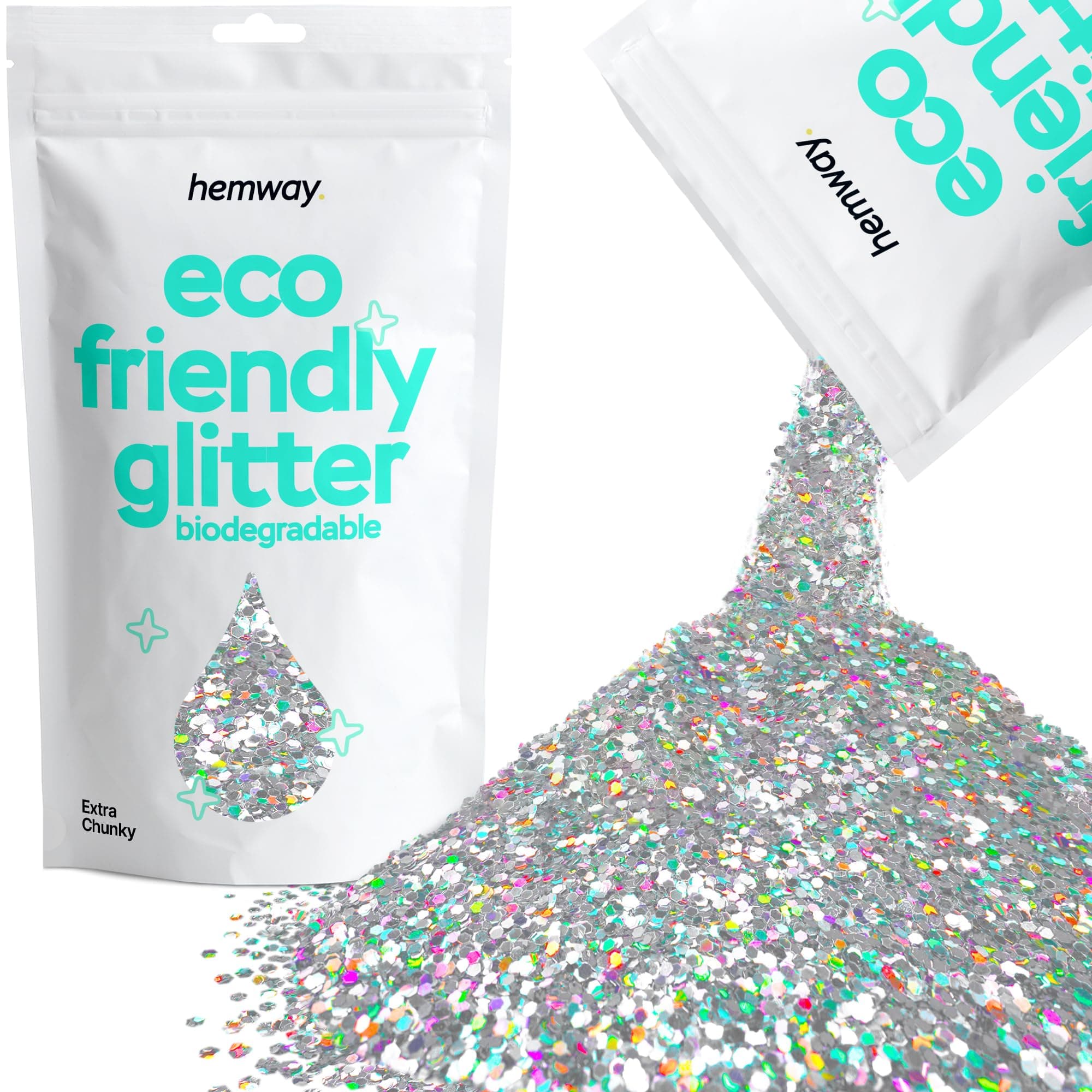 Eco Friendly Biodegradable Glitter | Silver Holographic - Extra Chunky 100g, Plant Based, Biodegradable Glitter for Craft, Face, Hair, Nail, Body and Festival - Hemway