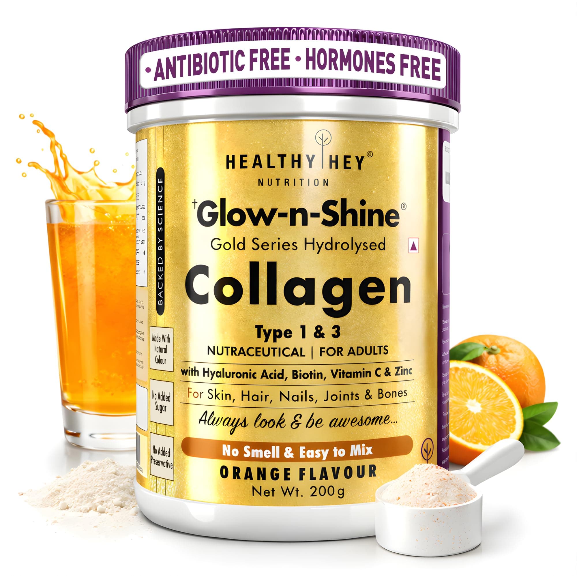 Collagen Gold Series with Hyaluronic Acid, Biotin & Vitamin C - No Smell - Easy to Mix - No Added Sugar - For Skin, Hair & Nails (Orange, 200gm)