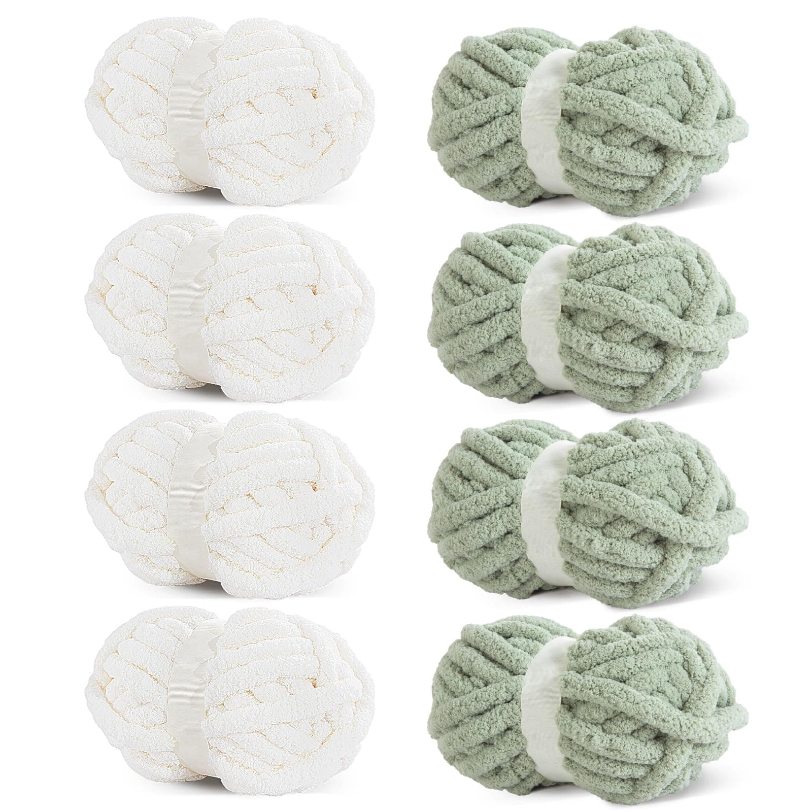 HOMBYS 8 Pack Assorted Chunky Yarn for Crocheting,Super Bulky Large Soft Fluffy Yarn,Plush Fuzzy Yarn,Thick Chenille Yarn for Hand Knitting/Arm Knitting,4 White & 4 Sage Green(31.7yds,8 oz Each Skein)