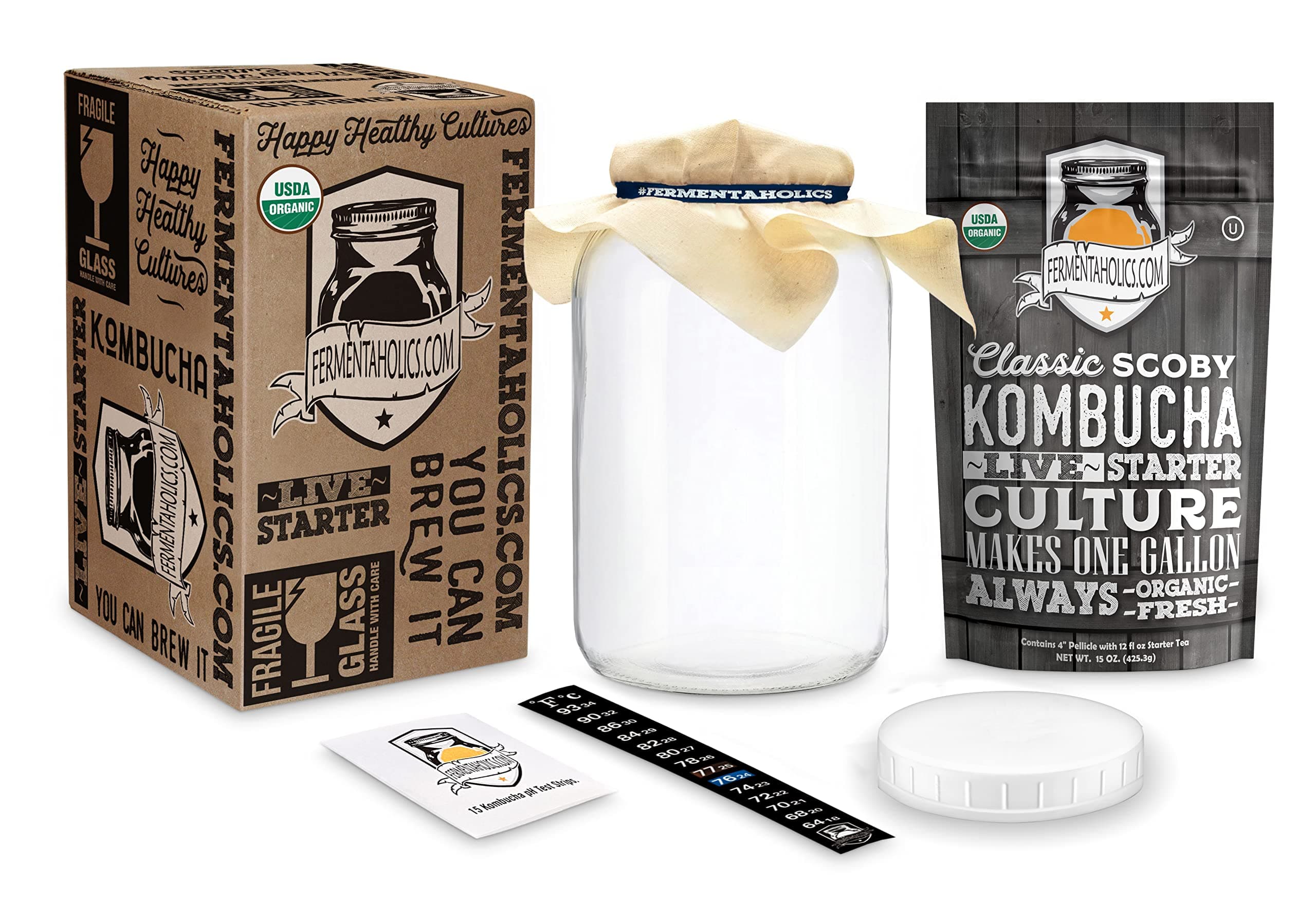 Fermentaholics CERTIFIED ORGANIC Kombucha Essentials Kit-Scoby (Starter Culture) + 1-Gallon Glass Fermenting Jar With Breathable Cover + Rubber Band + Adhesive Thermometer-Brew Kombucha At Home-Detailed Instructions Included Tan