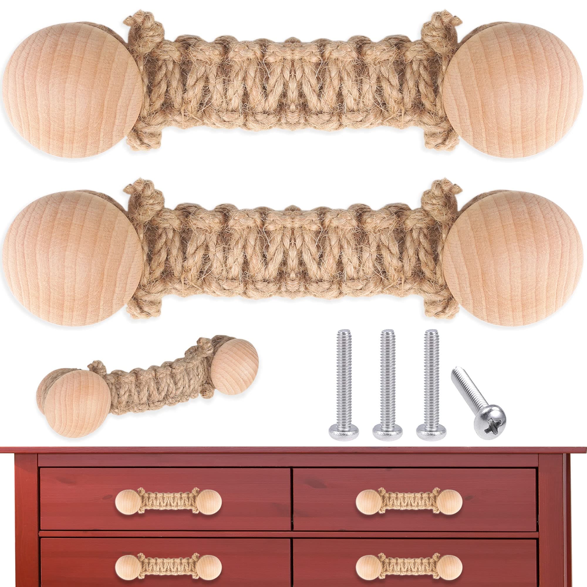 Fancymall 2 Pack Boho Rope Dresser Knobs Twisted Jute Rope Drawer Pulls Handles Farmhouse Wooden Pulls for Cabinets Dresser Drawer Handles Hardware Kitchen Wardrobe Cupboard Door Knobs Furniture Pulls