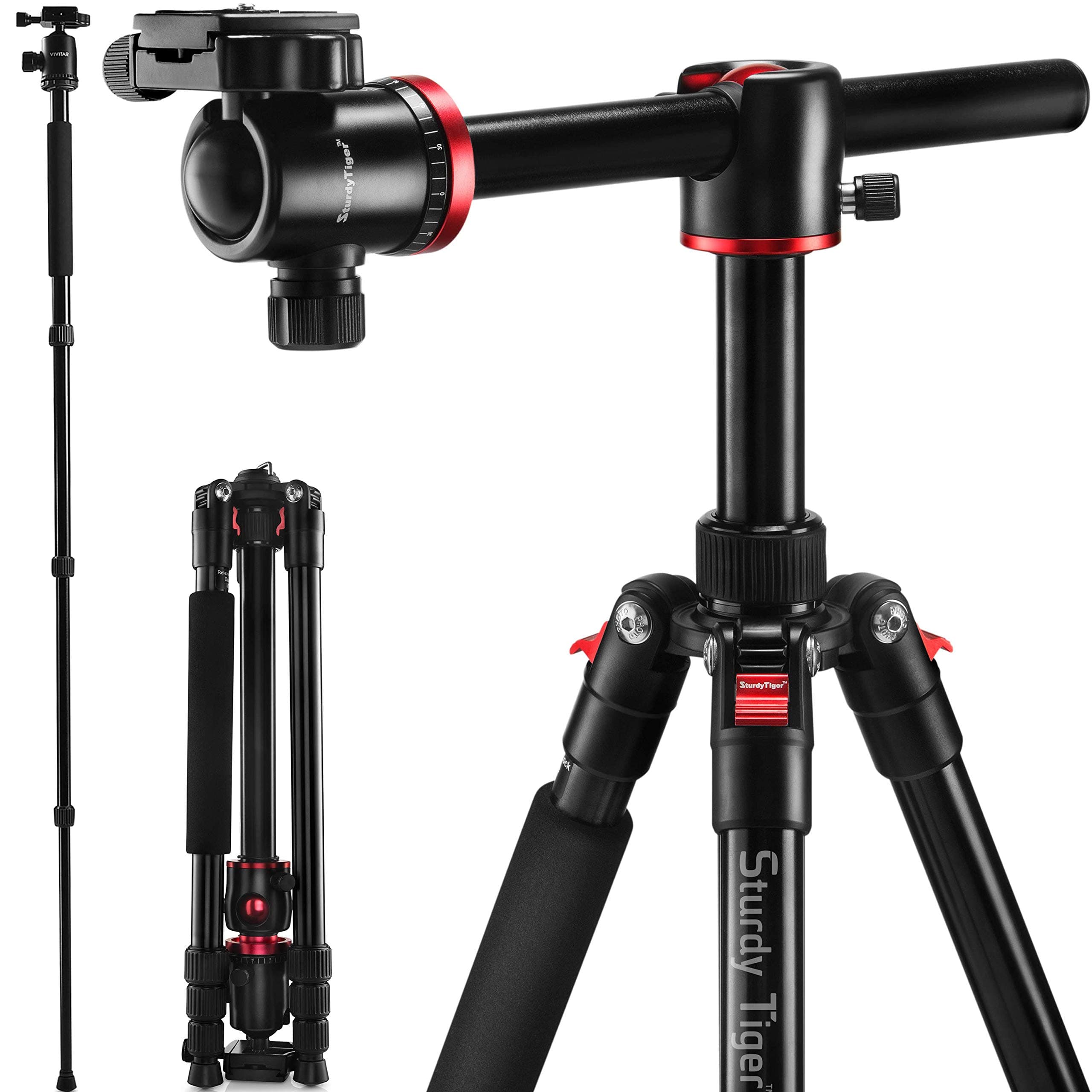 Sturdy Tiger 75” Camera Tripod & Monopod for DSLR, Professional Horizontal Arm Tripod with 360 Degree Metal Ball Head, Compact Aluminum Tripod for Travel and Work, Sturdy and Easy to Use