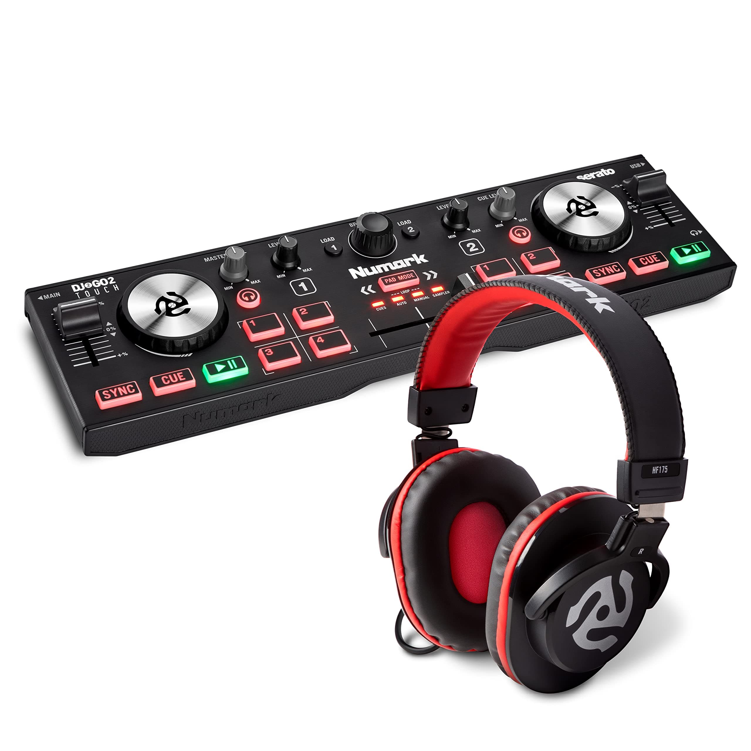 DJ Controller with Headphones - Numark DJ2GO2 Touch Compact 2 Deck USB DJ Controller and Numark HF175 DJ Headphones with closed back over ear design