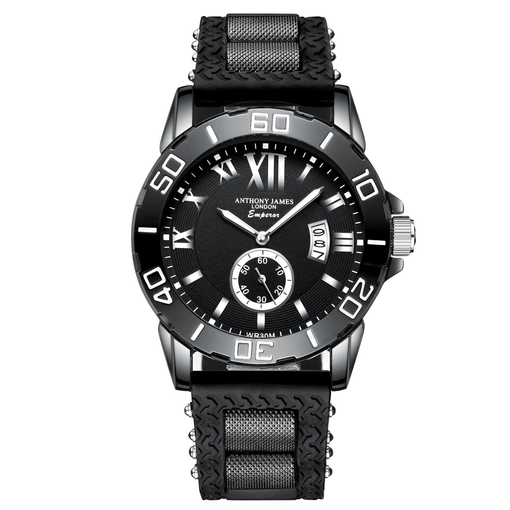 Version 3.0 ANTHONY JAMES London Emperor Men's Large Black Casual Luxury Sports Watch with White Calendar Cut, Analog Quartz Movement with Durable Rubber Strap, Designer Mens Watches Sale!