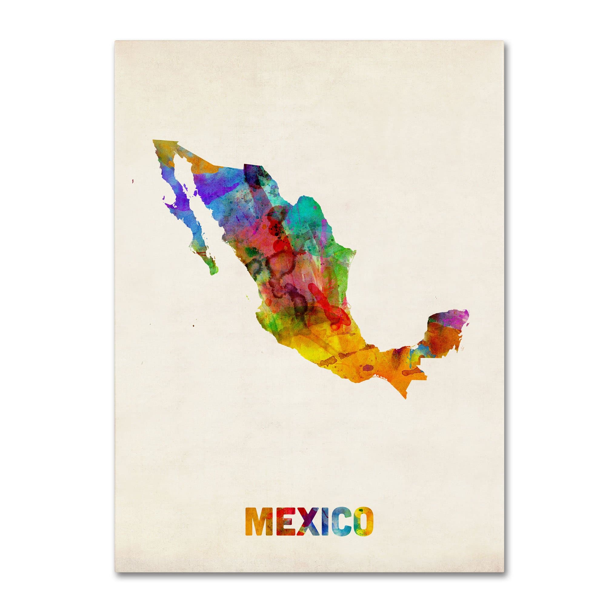 Mexico Watercolor Map Artwork by Michael Tompsett, 18 by 24-Inch Canvas Wall Art