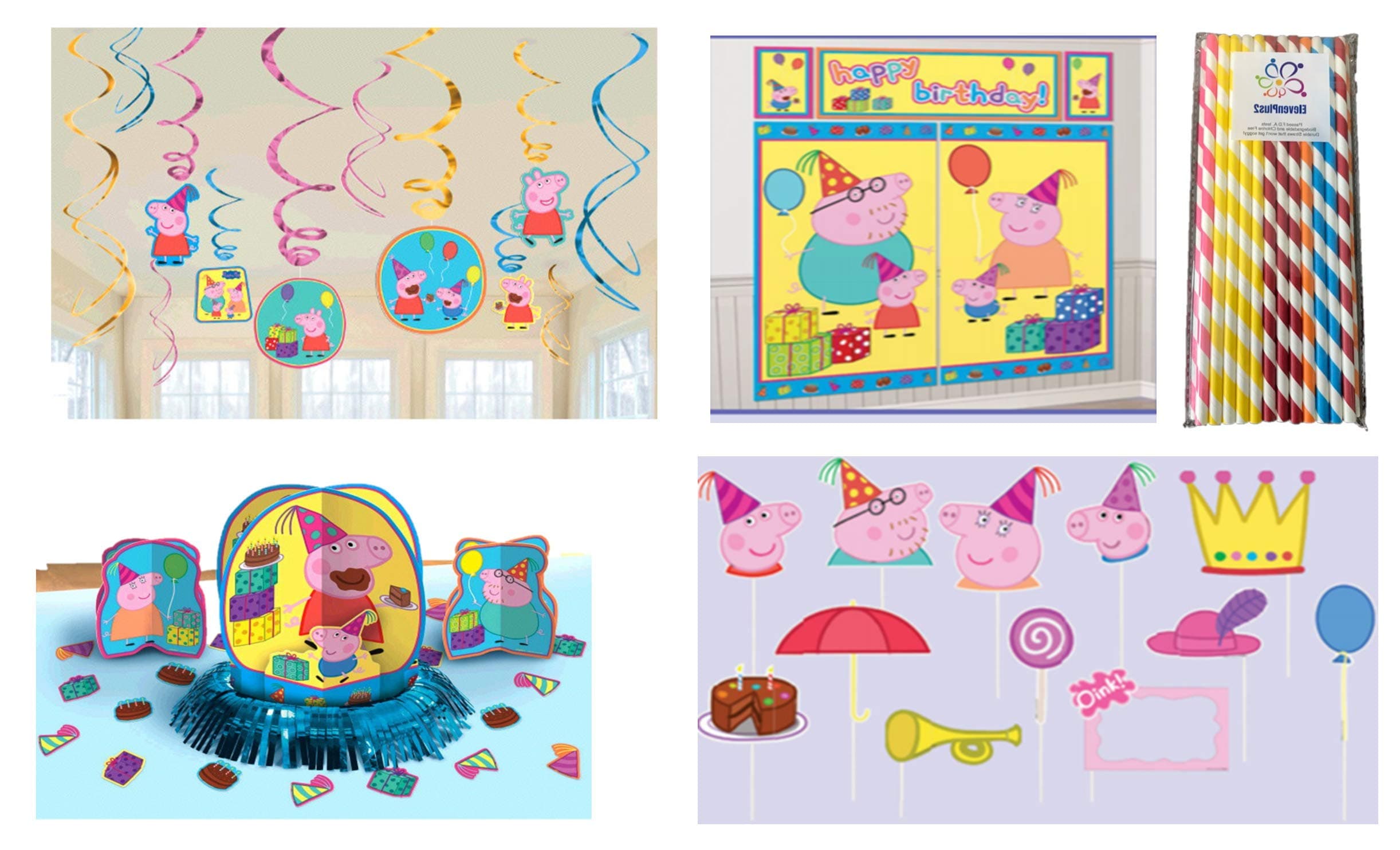 Peppa Pig Birthday Party Decorating Kit: Hanging Swirls, Scene Setter with Photo Props, Table Decorating Kit and ElevenPlus2 Paper Straws