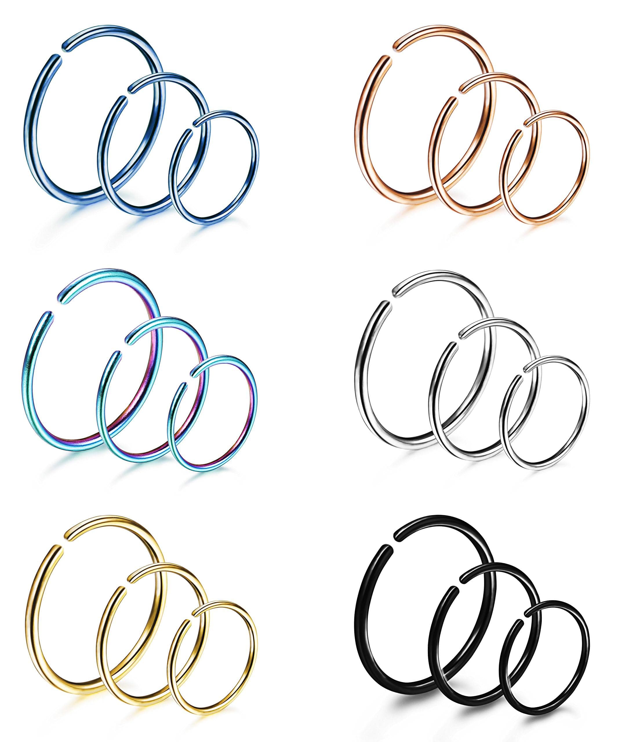 LOYALLOOK 18/24Pcs Hypoallergenic Nose Rings Hoops 316L Surgical Stainless Steel Lightweight Small Piercing Jewelry for Women Men Cartilage Tragus Helix