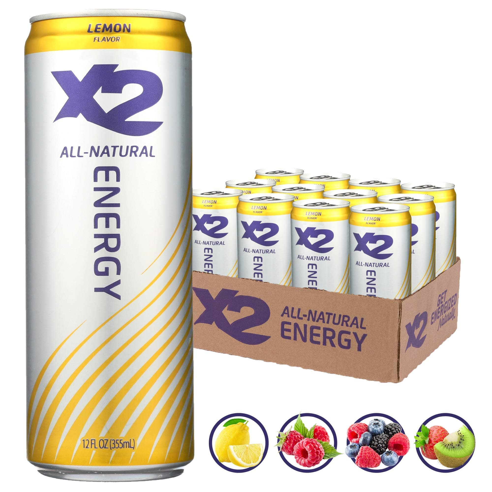 X2 All Natural Healthy Energy Drink: Great Tasting Non-Carbonated Energy Beverage with No Crash or Jitters – Less Sugar, Lower Calories - No Artificial Ingredients - Lemon - Pack of 12