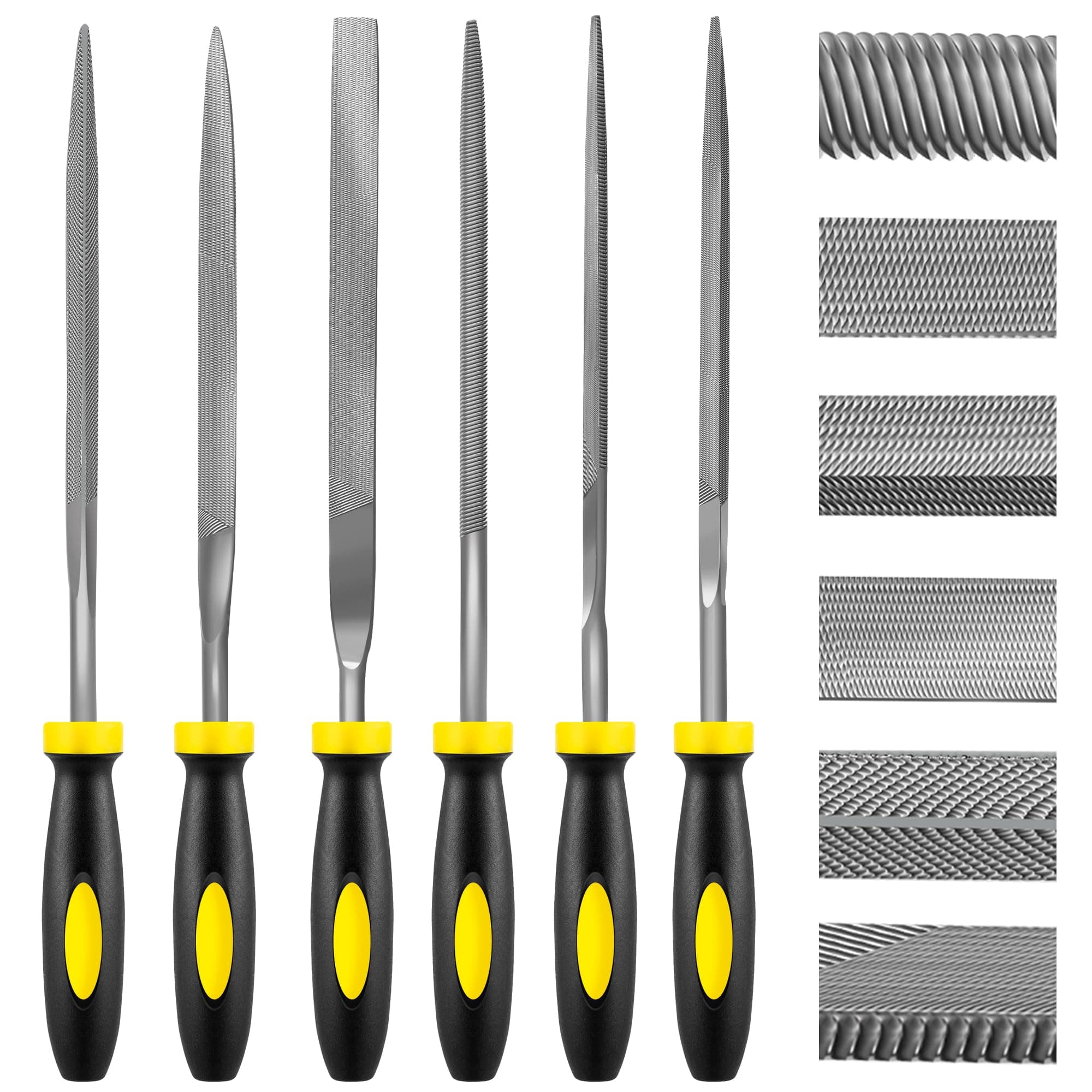 6-Piece Metal Needle File Set - Hardened Alloy Steel Includes Flat, Warding, Square, Triangular, Round, and Half-Round Files