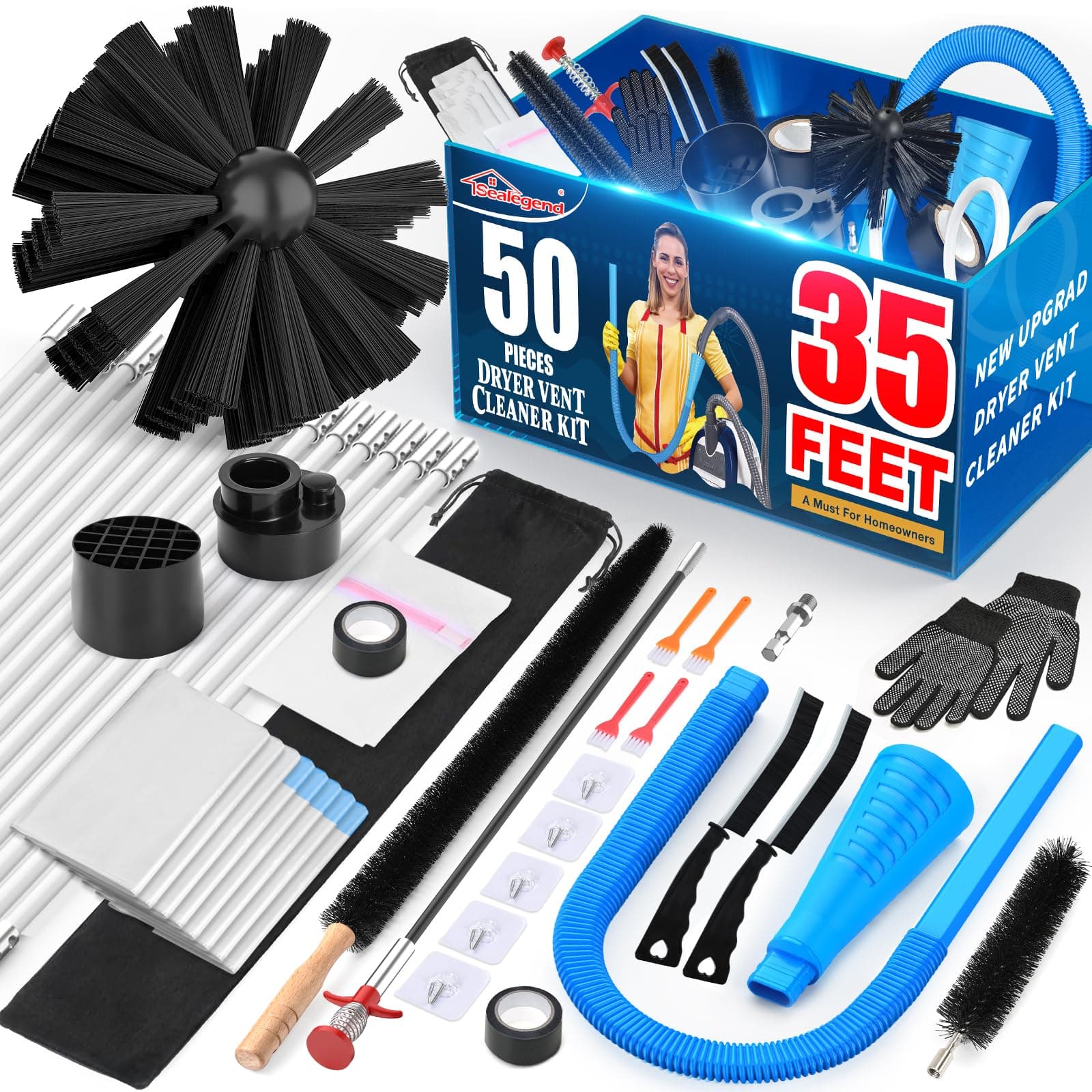 50-Pieces 35-Feet Dryer Vent Cleaner Kit, Dryer Cleaning Tools, Include Omnidirectional Blue Dryer Lint Vacuum Attachment, Dryer Vent Brush, Universal Vacuum & Dryer Adapters
