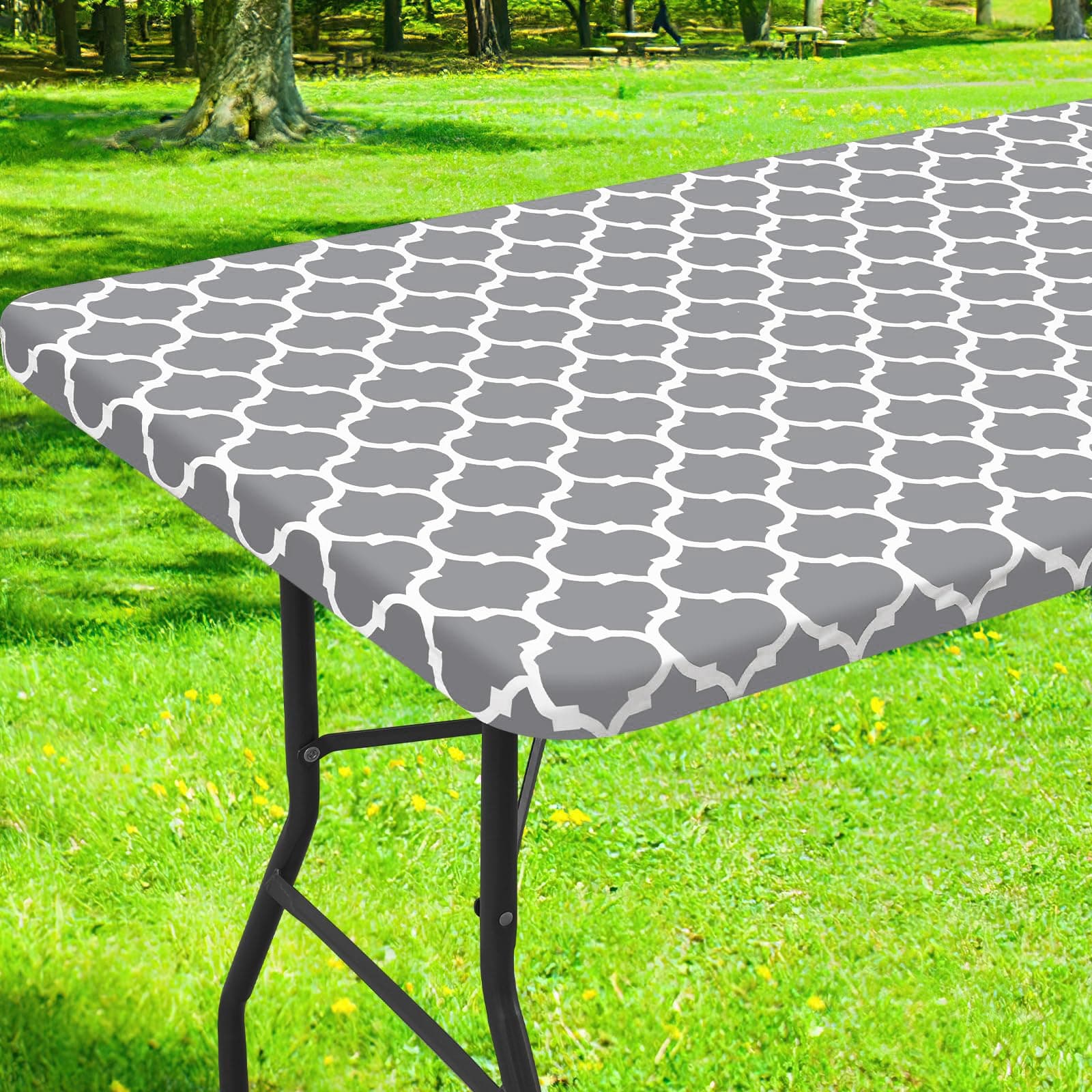 Smiry Rectangle Picnic Table Cloth, Waterproof Elastic Fitted Camping Tablecloths for 6 Foot Tables, Wipeable Flannel Backed Vinyl Tablecloth for Camping, Indoor & Outdoor (Grey, 30x72 Inches)