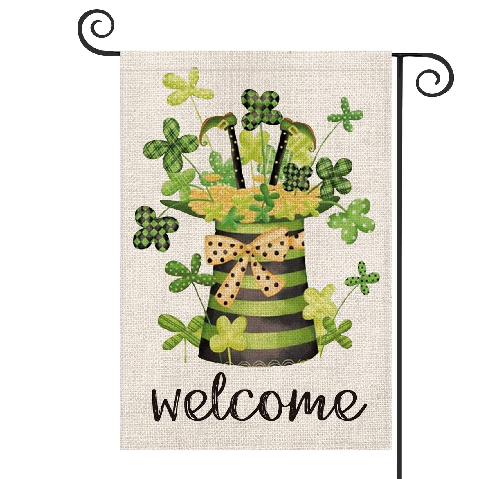 AVOIN Welcome Leprechaun Top Hat Polka Dot Buffalo Plaid Lucky Clover St Patricks Day Garden Flag Vertical Double Sided, Shamrock Bow Yard Outdoor Decoration 12.5 x 18 Inch