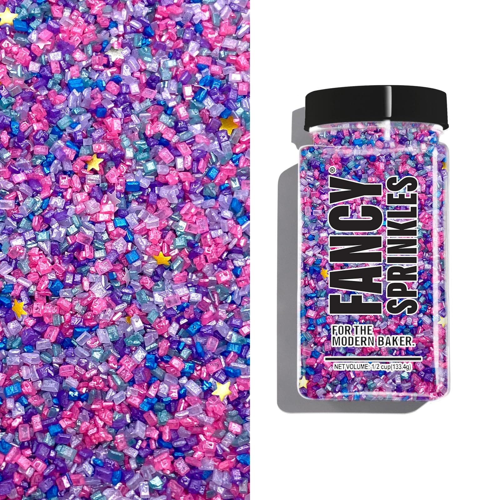 Fancy Sprinkles Fancy Sugar Sparkly Sugar Crystals and Edible Glitter Stars Pink and Purple Multicoloured Mix for Baking, Dessert Decorating and Cocktails, Chromatica (0.5c)