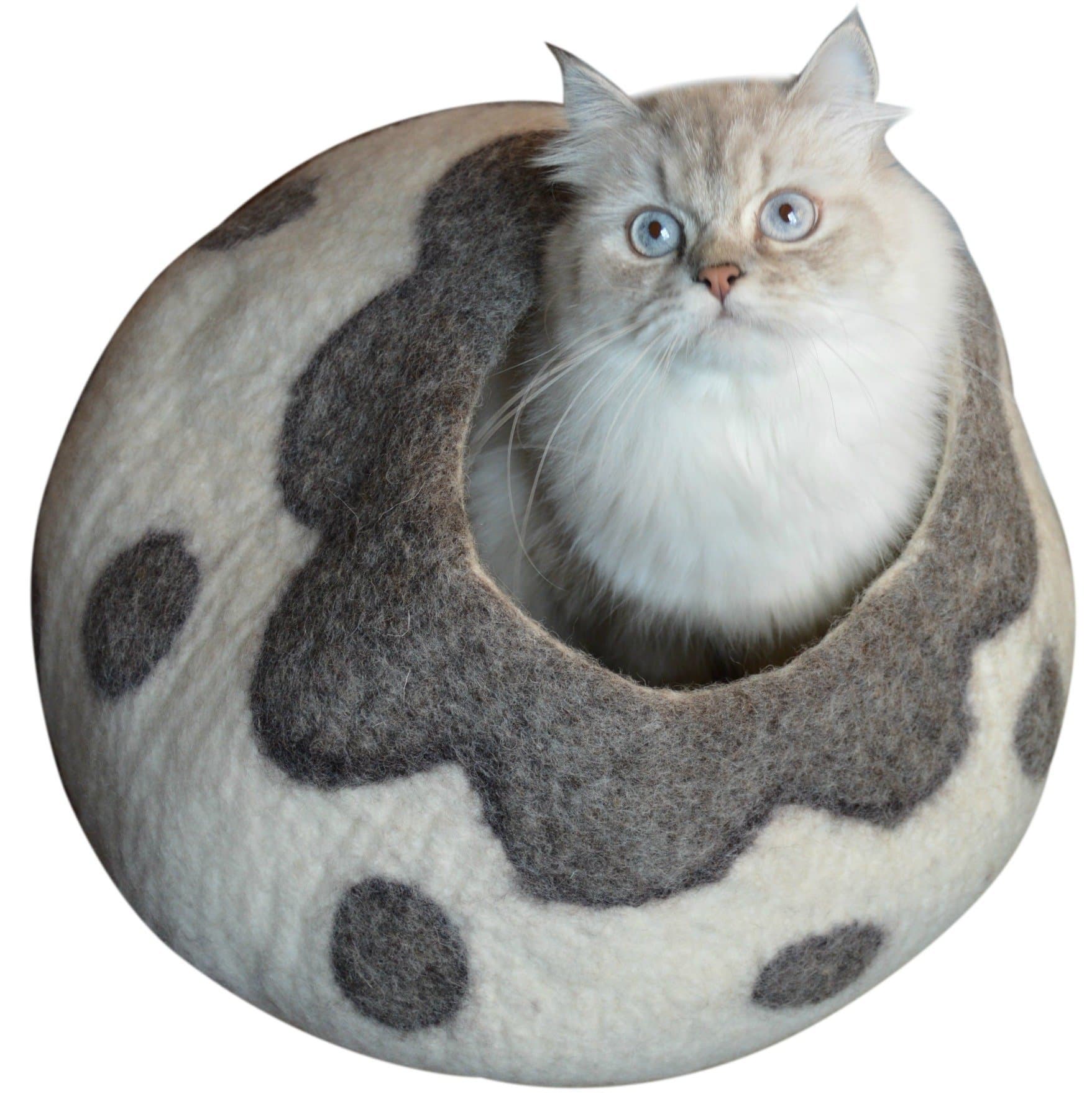 Cat Cave Bed - Gray White Handmade Felted Wool, Large Covered Cozy Cocoon, Indoor Hideaway Igloo House, Also Perfect Kitten Gift, by Earthtone Solutions (Cozy Pueblo)