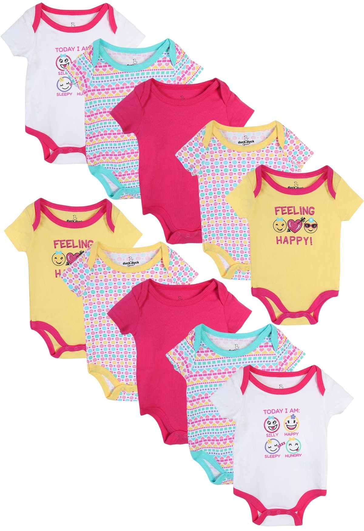 Duck Duck Goose 'Baby Girl's Short Sleeve Bodysuits (10 Pack) Feeling Happy, 0-3 Months'