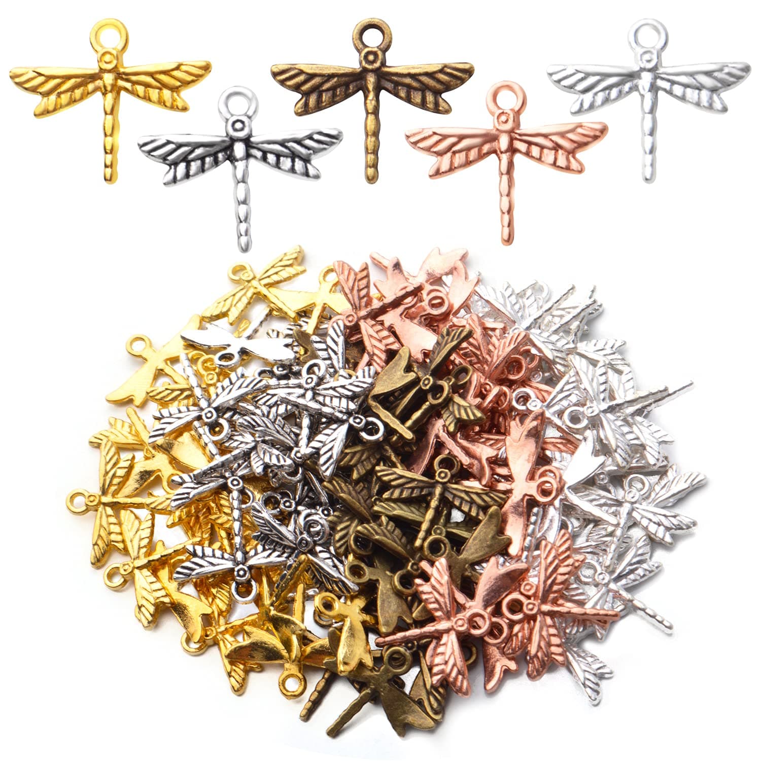 100pcs Dragonfly Charm Pendants Alloy Insects Charms Dragonfly Bead Charms for DIY Earrings Necklace Bracelet Jewelry Findings Making Accessory and Crafting,5 Colors